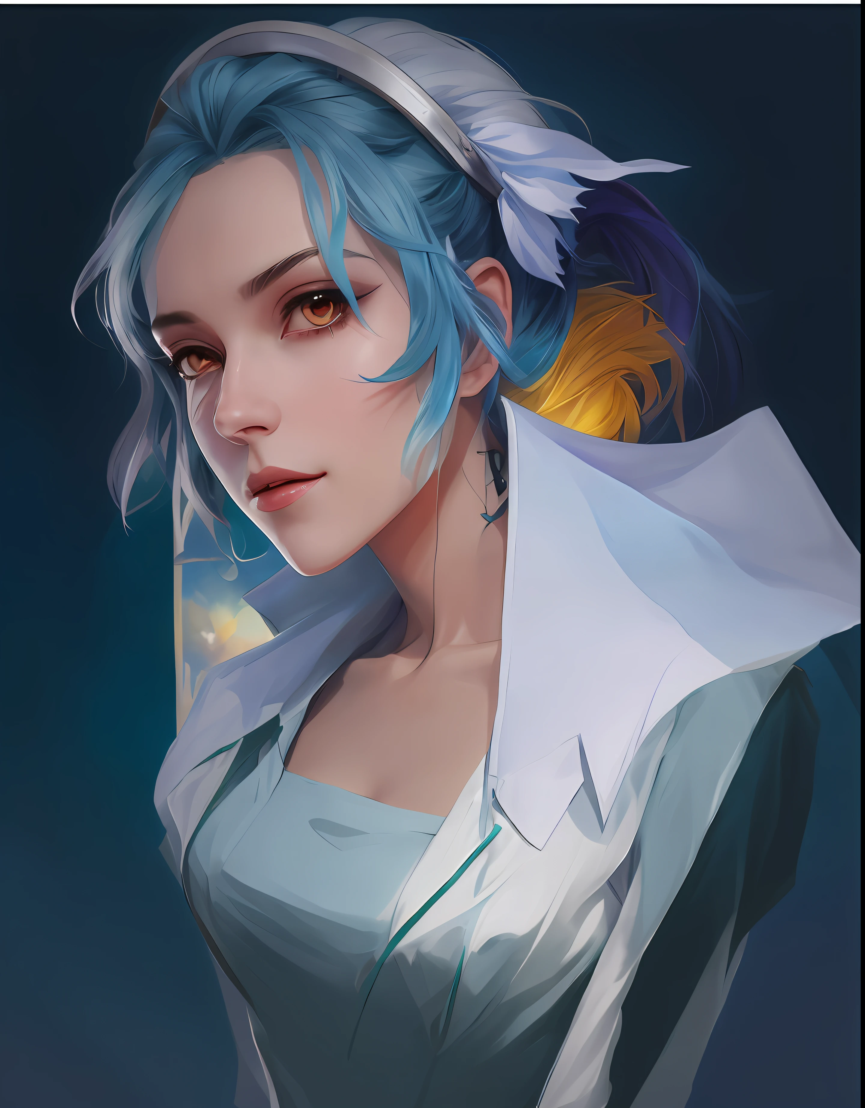 Draw a woman with blue hair and a white shirt, artgerm portrait, digital fantasy portrait, artstation painting, Portrait Chevaliers du Zodiaque Fille, Inspired by WLOP, inspired by Lois van Baarle, 2d portrait, low details. Digital painting, portrait of jinx from arcane, rossdraws portrait, painted character portrait, inspired by Jules Chéret