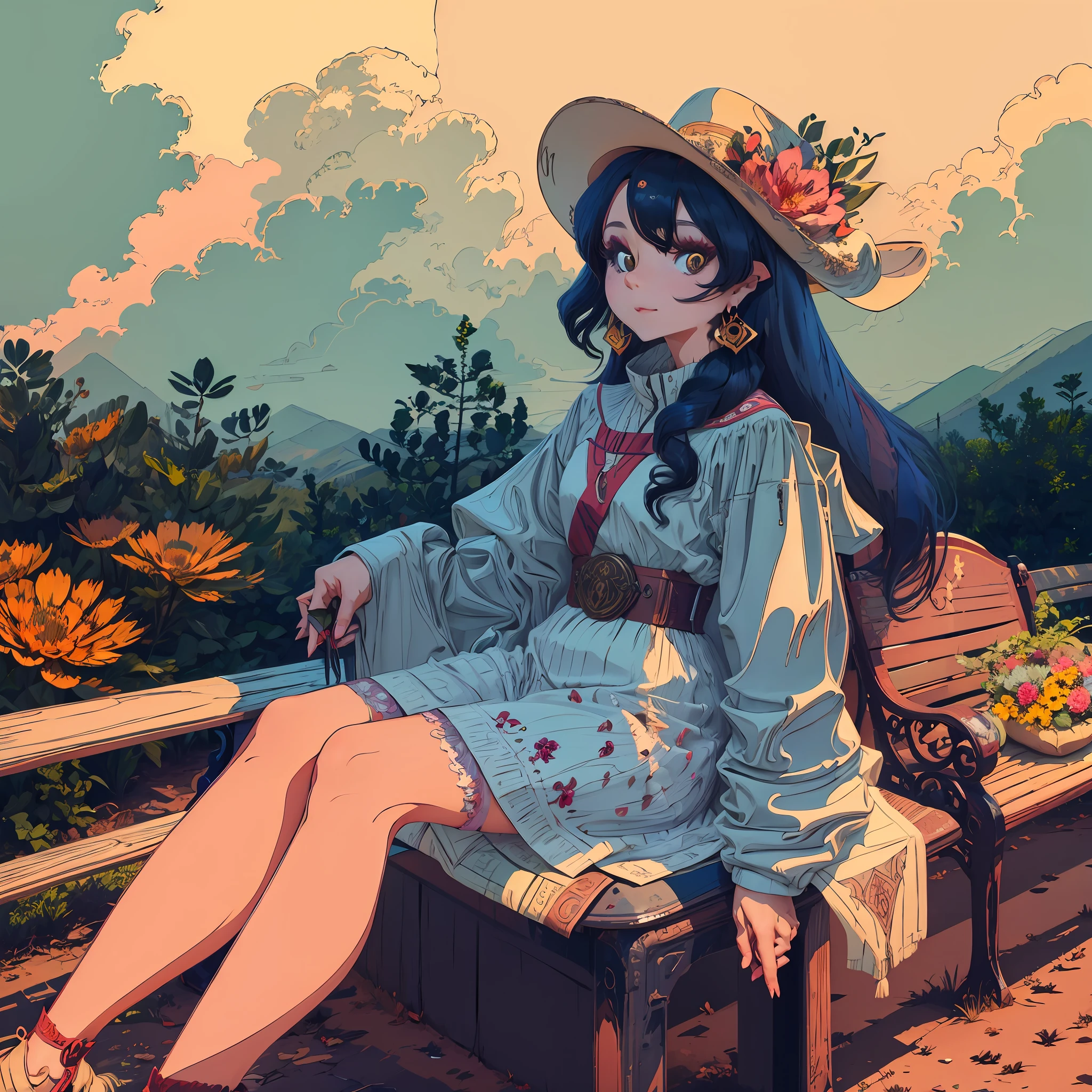 Painting of a woman sitting on a seat with flowers in her hands,Anime Art Nouveau style,Alphonse Mucha和Rossetti,Mucha style,Korean Art Nouveau animation,Flat shadow Mucha,Alphonse Mucha style,Demura and Alphonse Mucha style,Cosmic representation in anime Art Nouveau style,Inspired by Mucha,Mucha style,Flat Karl shadow Mucha。 --auto