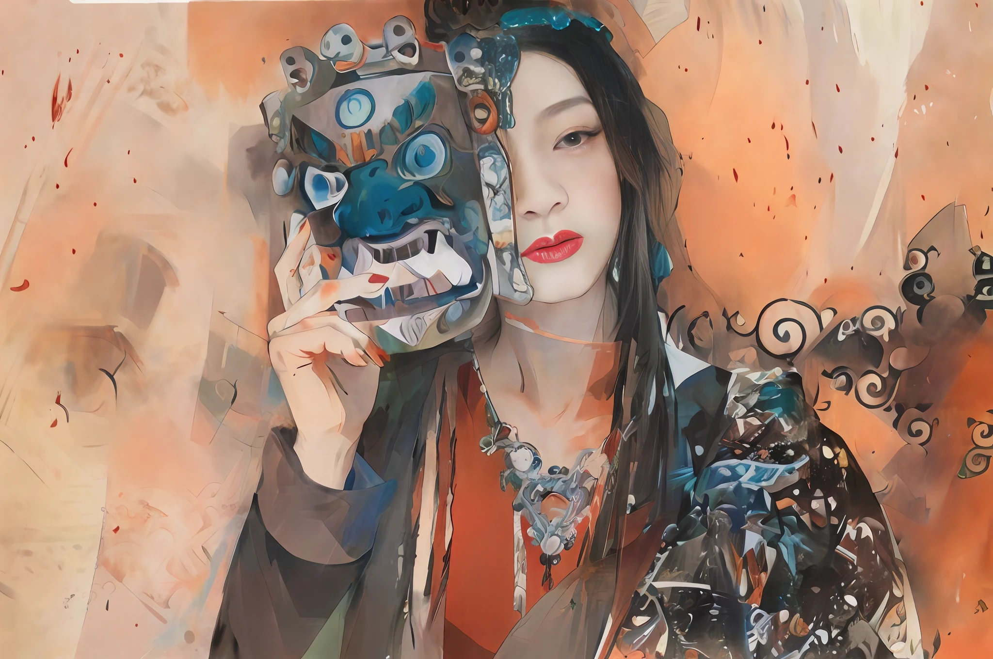 Draw a woman in a mask，A face was drawn on it, Inspired by Ai Xuan, inspired by Yanjun Cheng, Guviz-style artwork, Inspired by Gao Xiang, inspired by Gao Cen, Inspired by Gao Qipei, inspired by Gao Kegong, ai assisted digital painting, inspired by Zhang Xuan, Anime style mixed with Fujifilm