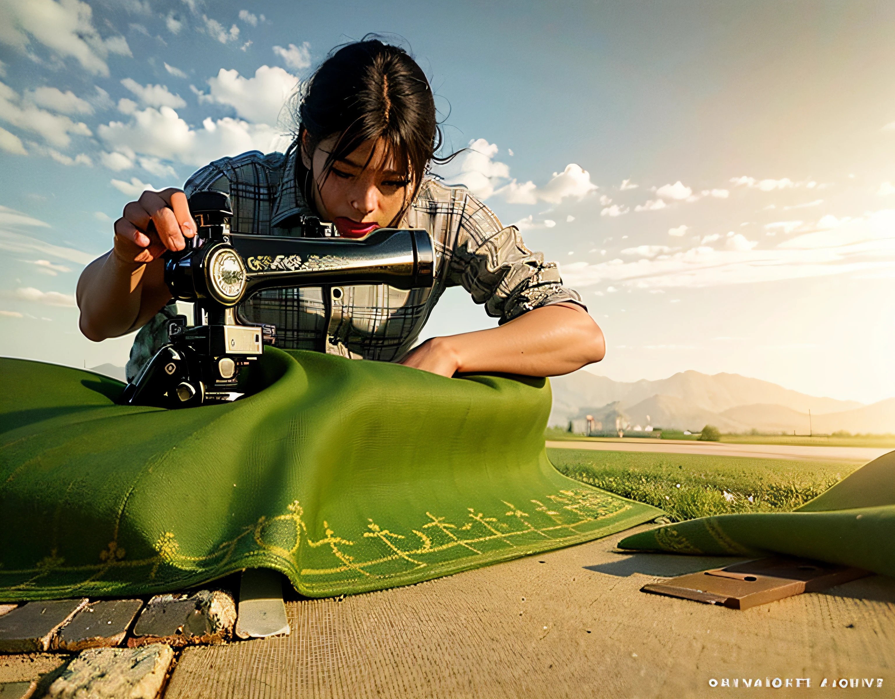 sewing machine,Sew a piece of green cloth,There is green grass on the cloth,Garden view,Landscape modeling