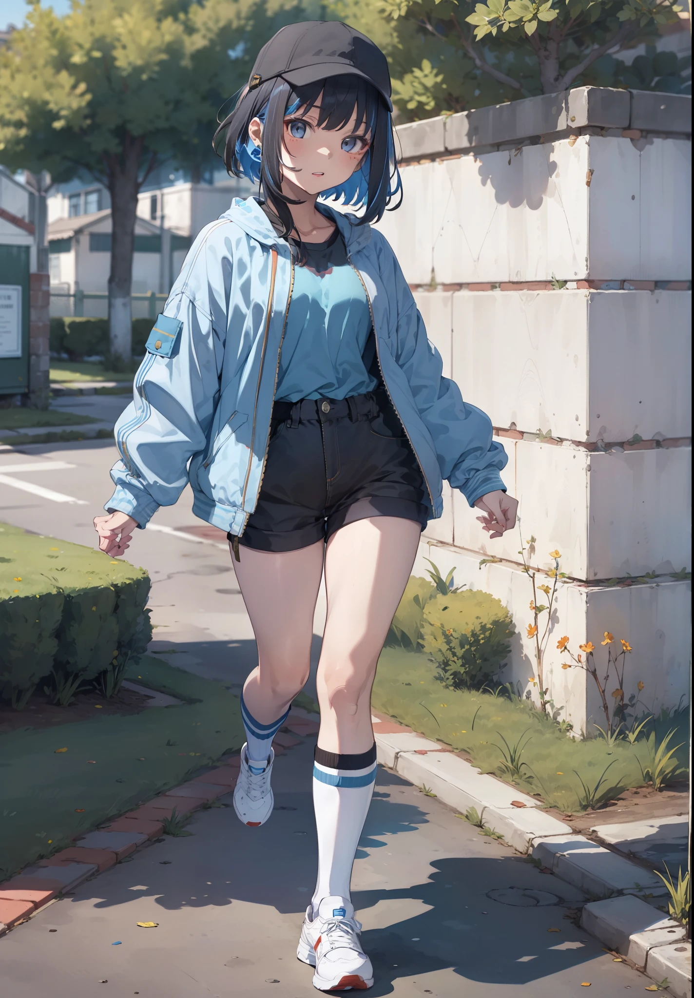 masterpiece, best quality, high resolution,
1girl, hat, socks, bandaid, jacket, baseball cap, shoes, shorts, glasses, looking at viewer, shirt, sneakers, white shorts, standing on one leg, open clothes, long sleeves, leg up, white headwear, bandaid on leg, standing, kneehighs, solo, blue socks, bandaid on face, short hair, blue shirt, white footwear, denim, open jacket, closed mouth, short shorts, sleeves past wrists, sidelocks,