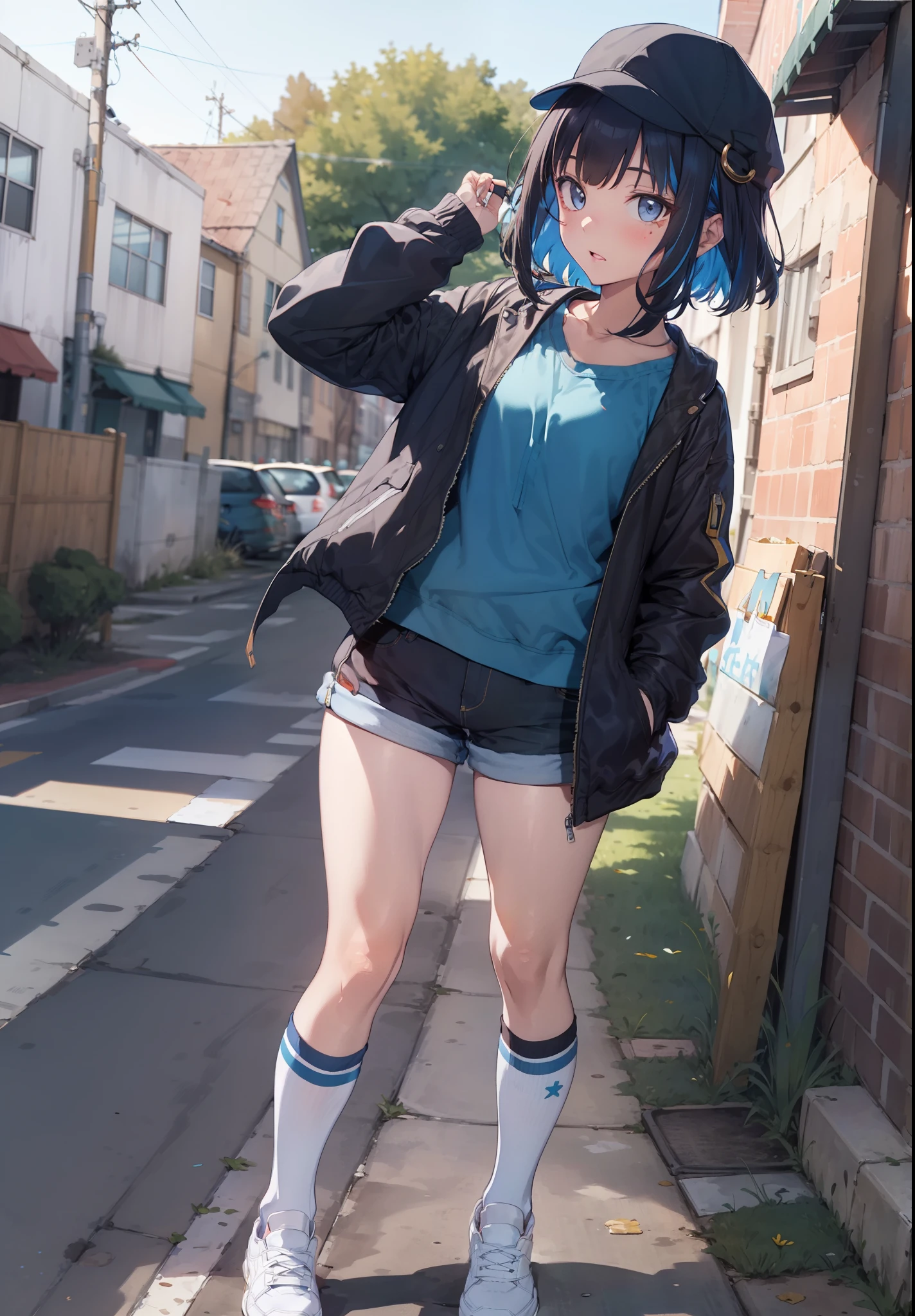 masterpiece, best quality, high resolution,
1girl, hat, socks, bandaid, jacket, baseball cap, shoes, shorts, glasses, looking at viewer, shirt, sneakers, white shorts, standing on one leg, open clothes, long sleeves, leg up, white headwear, bandaid on leg, standing, kneehighs, solo, blue socks, bandaid on face, short hair, blue shirt, white footwear, denim, open jacket, closed mouth, short shorts, sleeves past wrists, sidelocks,