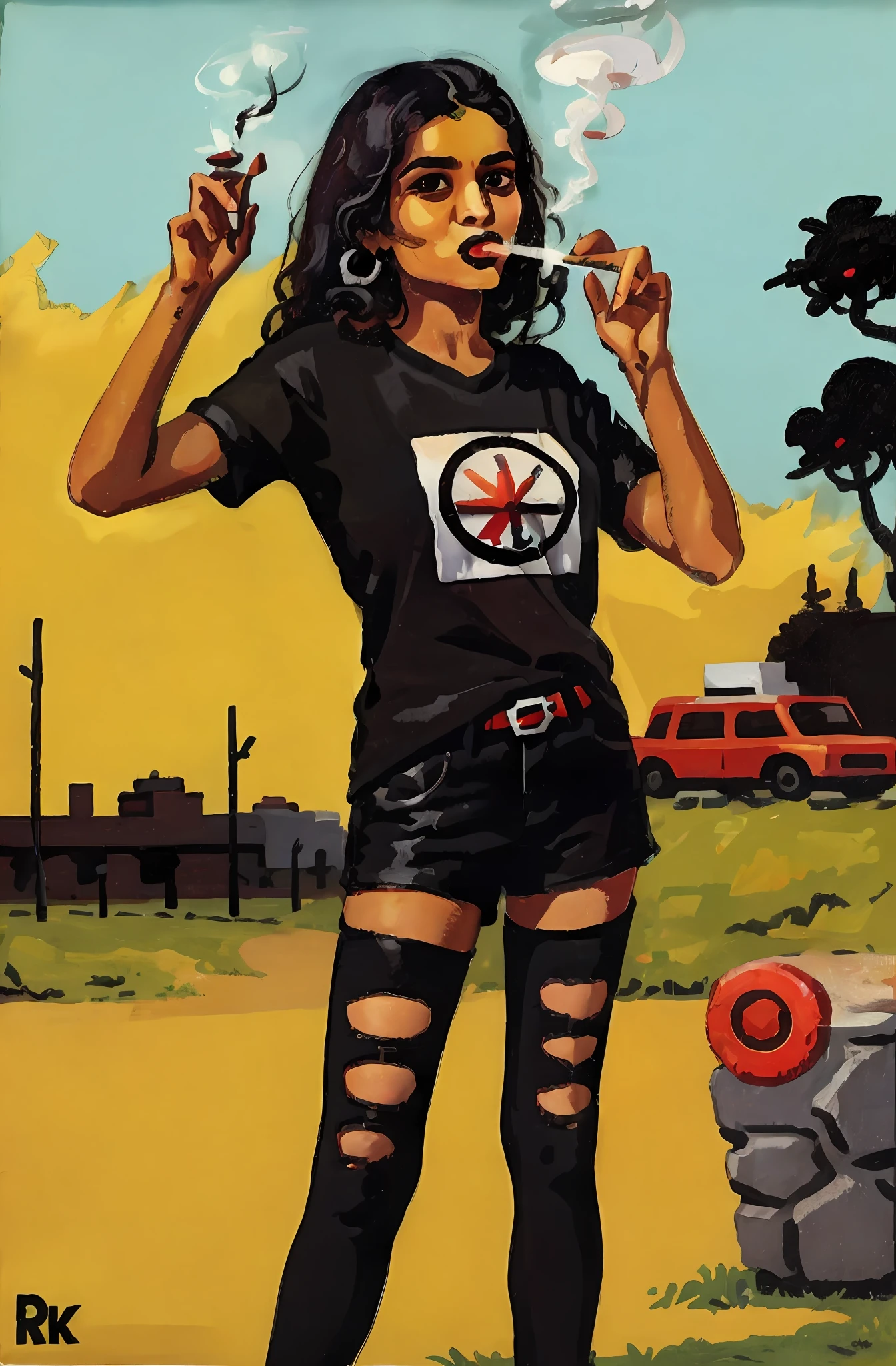 indian girl in tshirt, smoking a cigarette, cool, goth, band tshirt, rock