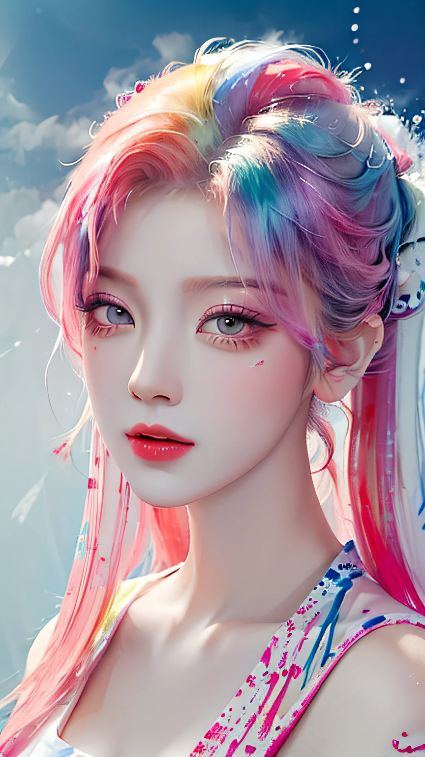 (Masterpiece, Best Quality, High Resolution), White Background, ((Paint Splash, Color Splash, Splash of Ink, Color Splash)), Sweet Chinese Girl, Rainbow Hair, Pink Lips, Front, Upper Body