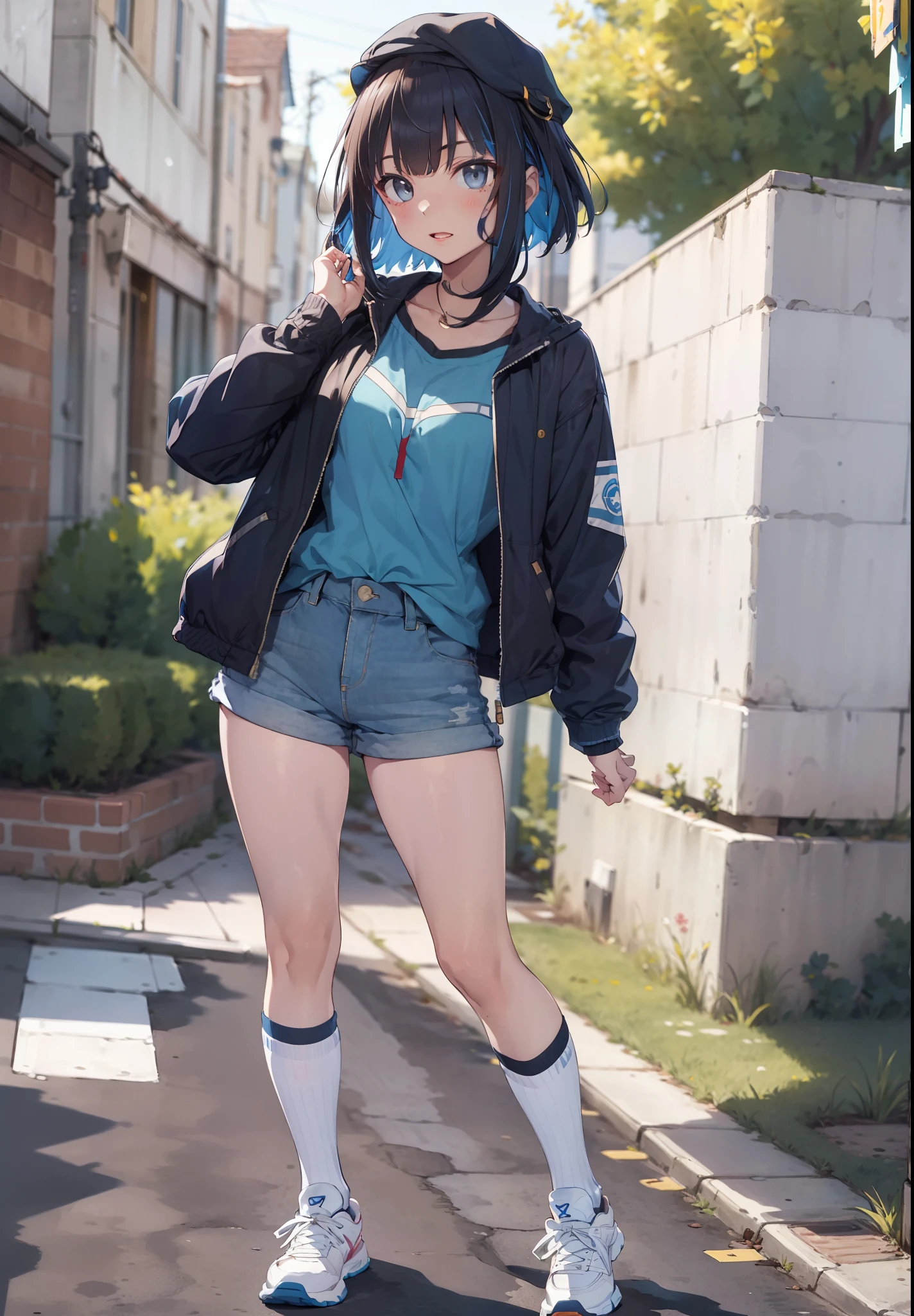 masterpiece, best quality, high resolution,
1girl, hat, socks, bandaid, jacket, baseball cap, shoes, shorts, glasses, looking at viewer, shirt, sneakers, white shorts, standing on one leg, open clothes, long sleeves, leg up, white headwear, bandaid on leg, standing, kneehighs, solo, blue socks, bandaid on face, short hair, blue shirt, white footwear, denim, open jacket, closed mouth, short shorts, sleeves past wrists, sidelocks,