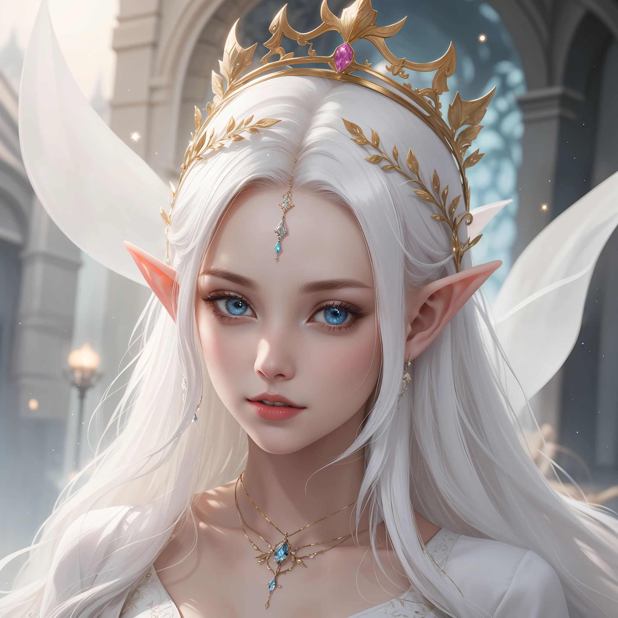 A woman with a crown and a TIA on her head, beautiful and elegant elf queen, Guviz, Fantasy art style, 8K high quality detailed art, Elf Princess, alluring elf princess knight, digital fantasy art , beautiful elven princess, beautiful and elegant female elf, (long  white hair，White-colored skin，Elf Girl，The skin is translucent white，sparkle in eyes，The elves were dressed in pure white)，beautiful  face，Lonely pale face，facing to audience，The upper part of the body，Particle，Glow，Guviz-style artwork, WLOP Art,