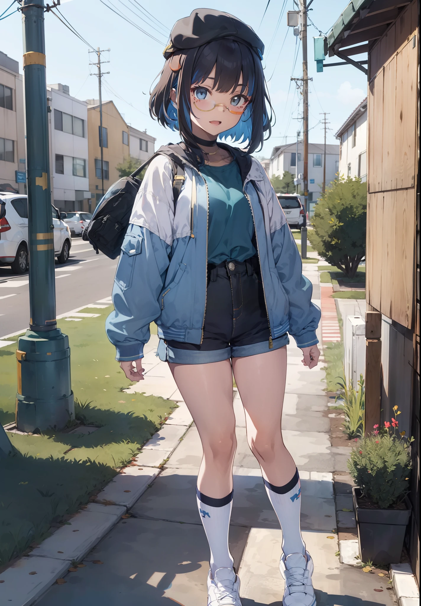 masterpiece, best quality, high resolution,
1girl, hat, socks, bandaid, jacket, baseball cap, shoes, shorts, glasses, looking at viewer, shirt, sneakers, white shorts, standing on one leg, open clothes, long sleeves, leg up, white headwear, bandaid on leg, standing, kneehighs, solo, blue socks, bandaid on face, short hair, blue shirt, white footwear, denim, open jacket, closed mouth, short shorts, sleeves past wrists, sidelocks,