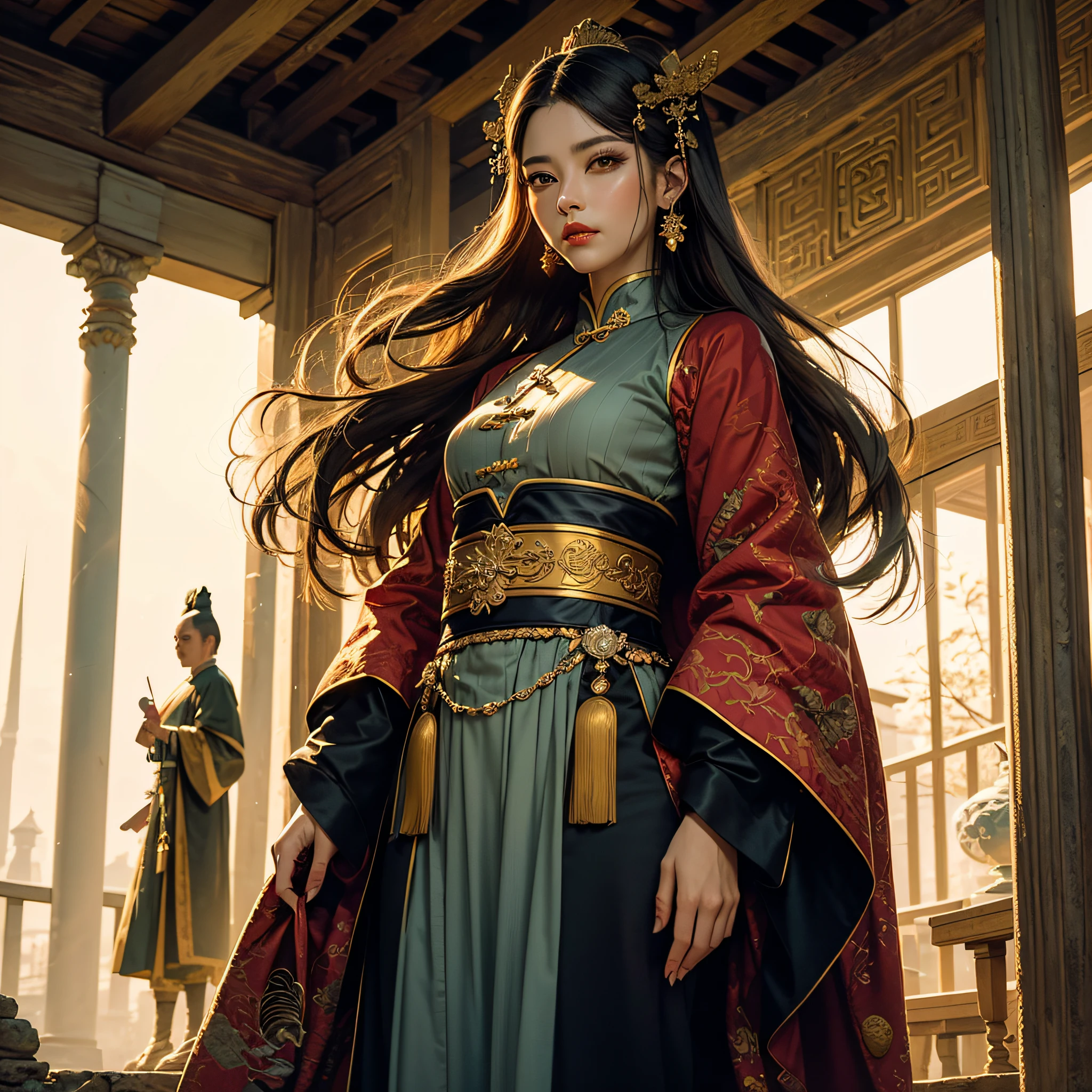 ((Masterpiece:1.2),highest  quality:1.1),(dynamic angle:1.2,dynamicposes:1.2,softlighting:1.1)，Court beauty in robes，Red pattern with atmosphere，Cold and noble，The golden yellow pattern sparkles，Hair tied up like a palace maid，Black hair，Insert the blonde hairpin，Set in the back garden of the ancient Chinese Tang Dynasty，Show the splendor and beauty of the Tang Dynasty。Royal style，Bright red lips，Sharp eyes。Please depict the face of the character in detail，Especially the eyes and lips。