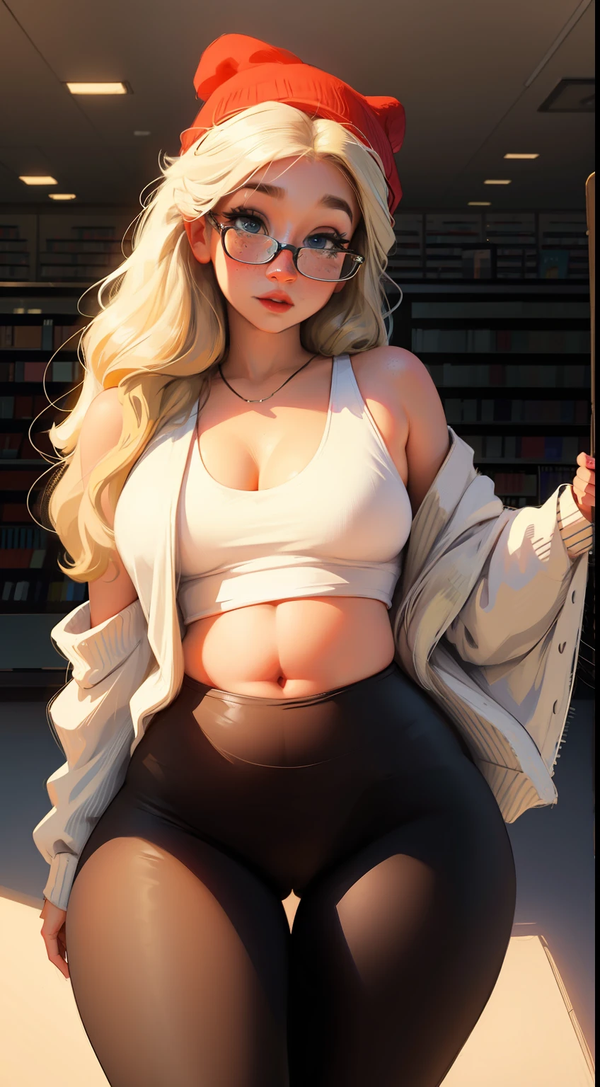 pale, mole below eye, freckles, curvy, big breasts, chubby, disney eyes, big eyelashes, eyeliner, blonde hair, loli, glasses, heart shaped butt, cute ass, perfect ass, ((blonde hair)), tiny body, disney artwork, (pixar style), elsa from frozen, blue eyes, disney, sexy, sam yang, ((1girl)) , freckles, pointy nose, red lips, solo, thick eyebrows, thick eyelashes, (((cleavage))), ((chubby)), big boobs, ((wide hips)), ((library)), (tank top), ((black leggings)), ((big hips)), chubby, thick line, ((wool pants)), (beanie), ((bangs))