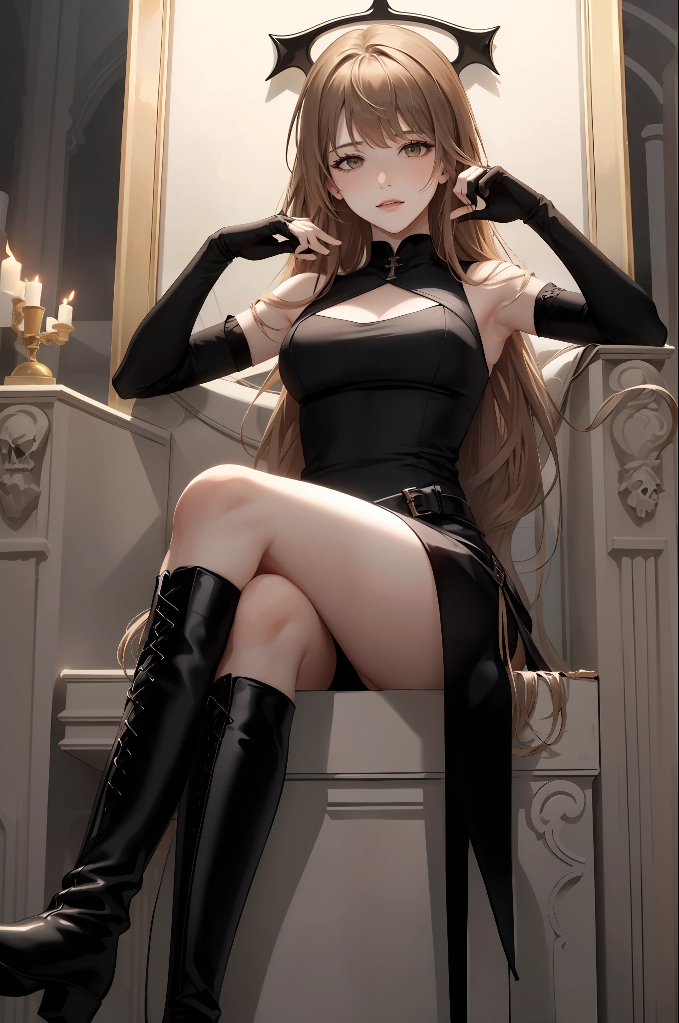 (Masterpiece:1.4), (best quality:1.2), yoo sangah, 1girl, black dress, sleeveless, sitting, crossed legs, from below, throne, hell, demon, pile of skulls, ( black knee-high boots:1.2), (black elbow gloves:1.1)