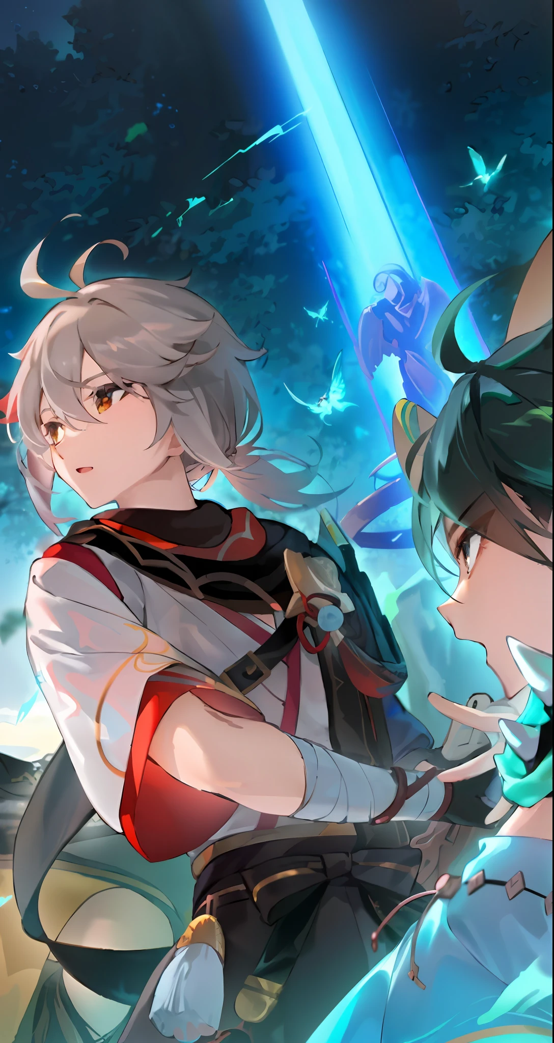 Anime characters in scenes with swords and men, Genshin, Genshin Impact, Genshin impact's character, Keqing from Genshin Impact, video game genshin impact, Genshin Impact style, Ayaka Genshin impact, ayaka game genshin impact, Detailed key anime art, Official artwork, zhongli from genshin impact, shadowverse style