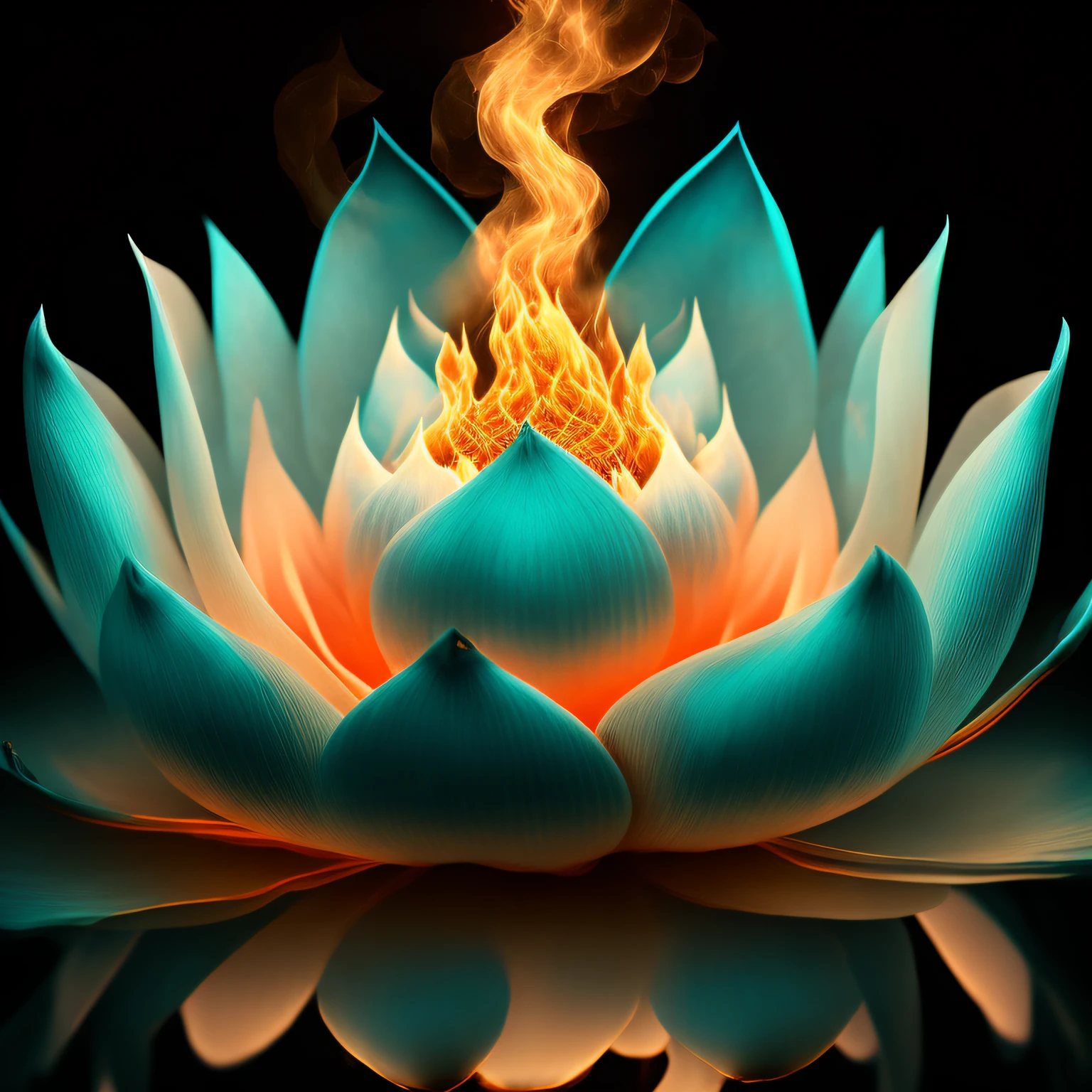 Burning flame in the shape of a cyan lotus，Petals are also flames，Qinglian Earth Heart Fire