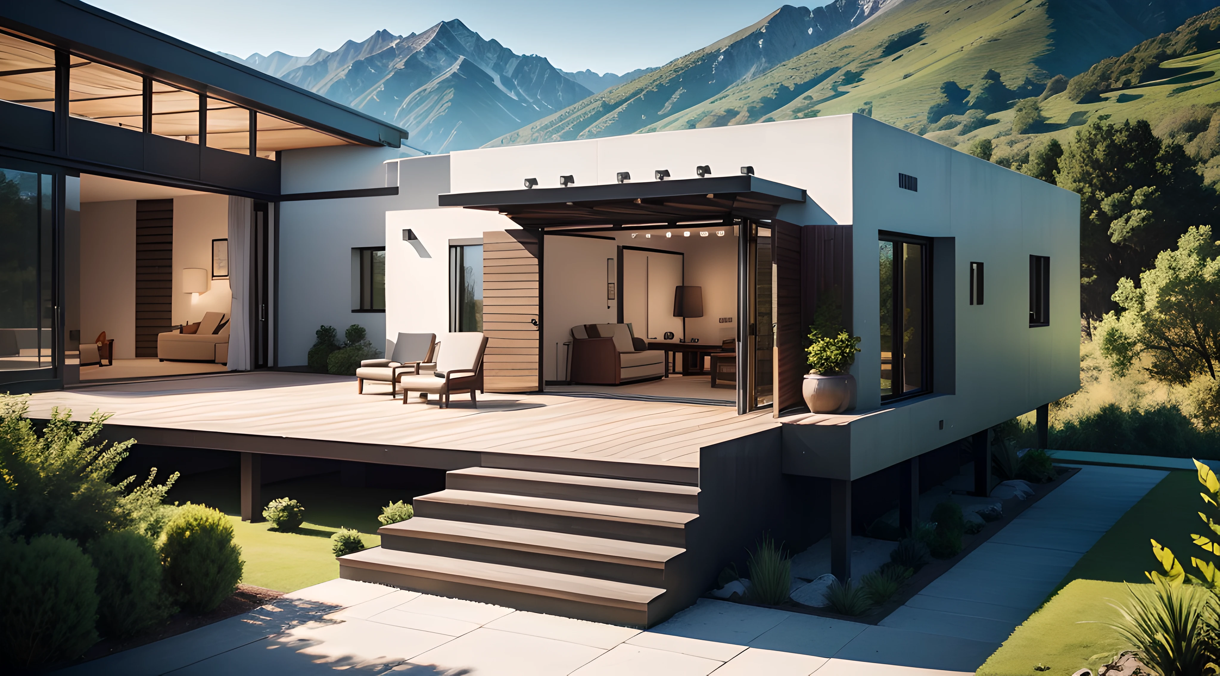 Modern exterior of a luxury villa in a minimal style. Glass house in the mountains. Magnificent mountain views from the veranda of a modern villa. Luxury glamping. digital --auto