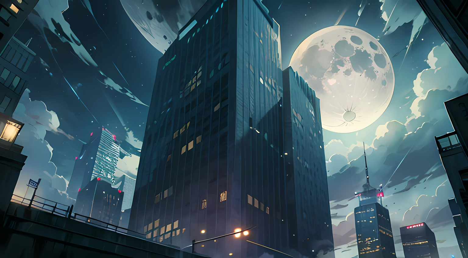 Look up,Single building,Tall structures,office building,glass,the night,deep in the night,themoon,rays of moonlight,clouds,Dangerous atmosphere --auto