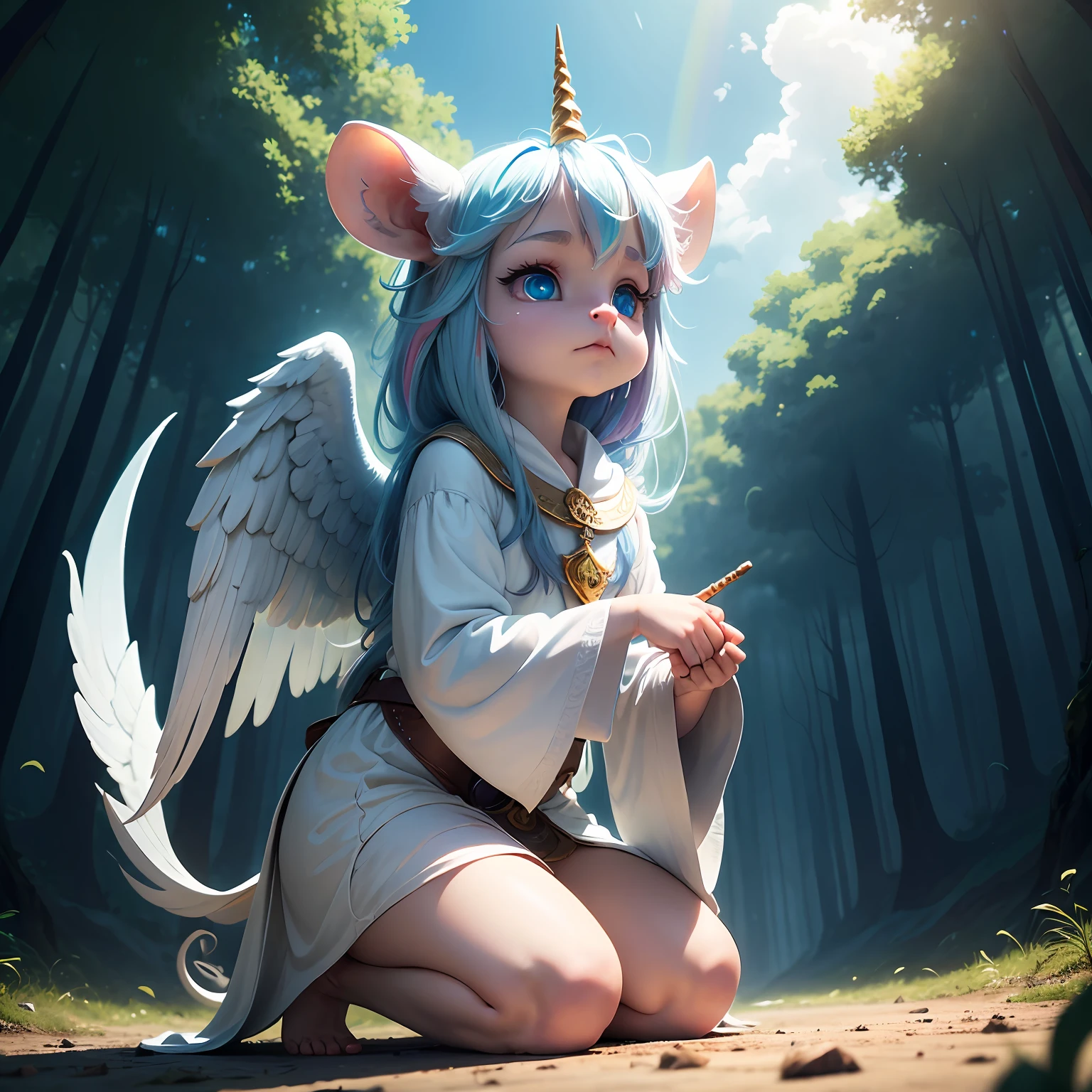 White rat superb high quality Raised head Blue pupils Disgusted eyes, Despise green forest blue sky striped hair, , Cinematic lighting, Dutch angle, Highly detailed barefoot angel god half-kneeling dreamy unicorn rainbow clouds colorful --auto