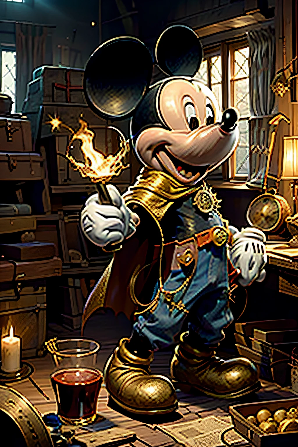 mickey mouse,mickey mouse，Vampire-like Mickey Mouse，with a red eyes，evil grin smile，mickey mouse，Mickey（（tmasterpiece）））， （（（best qualtiy）））， （（ultra - detailed））， （hyper realisitc）， （highly detailed CGillustration）， cinematric light， realisticlying，  Intricate golden Iba， Gold care cape， spears， the golden hour