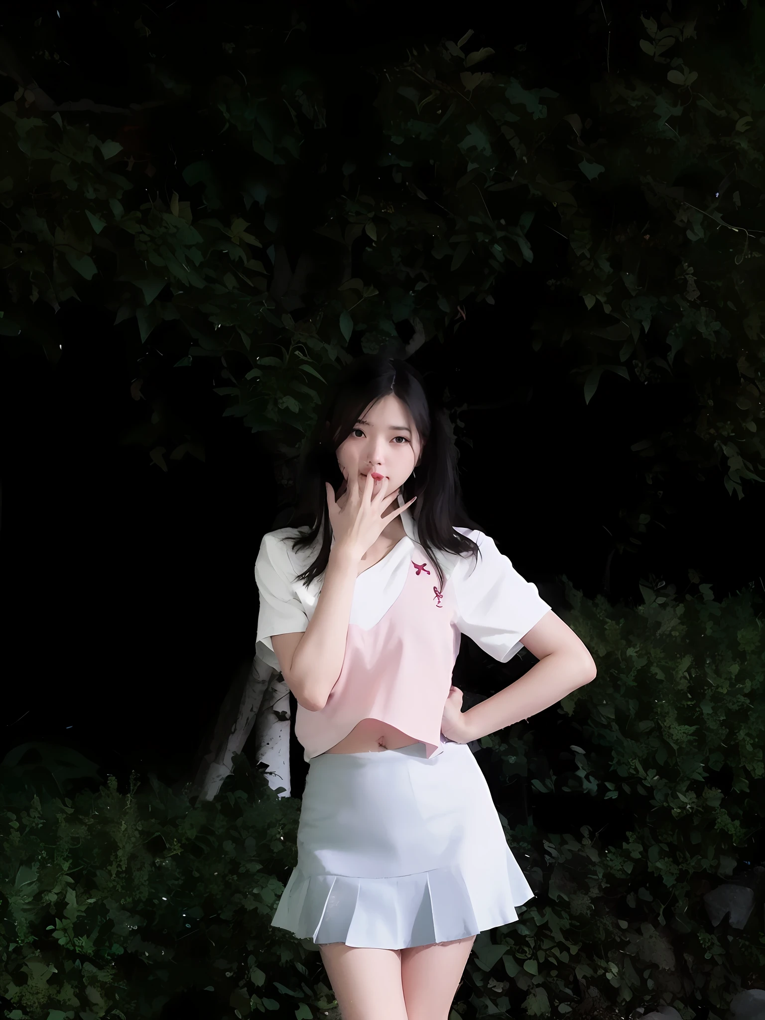 There was a woman wearing a JK uniform,exposing your navel,dishiveredhair,Hand crossed waist,In the woods,grey short skirt,White and pink short top
