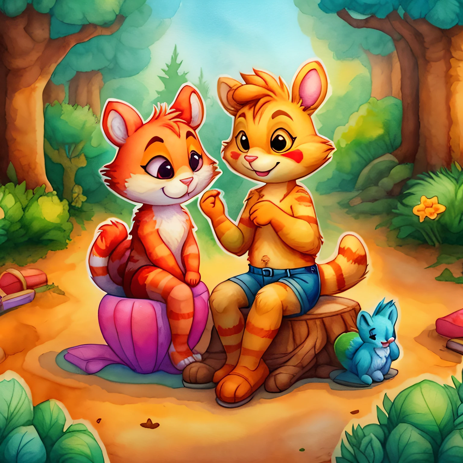 Has a small, A curious tabby cat named Robbie sitting with friends: Benny the Red Bird, Sandy the brown squirrel, and Sammy the Green Serpent, All of them in a glade in the forest, Robbie looks satisfied and happy. Fresh color watercolor painting.