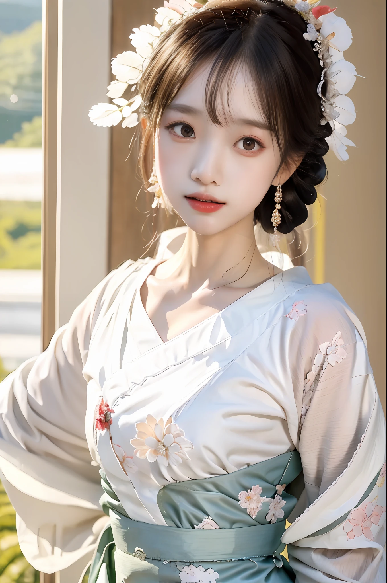 A woman in a white shirt and pants stands in front of the wall holding a newspaper, Inspired by Gaozen's portrait, Tumblr, baroque, White Hanfu, retro aesthetic, pale and coloured kimono, intricate geisha kimono, Very aesthetic!!!!!!, Hanfu, white trendy clothes, Japanese clothes, highly aesthetic, intriguing outfit, intricate hakama, sakimichan