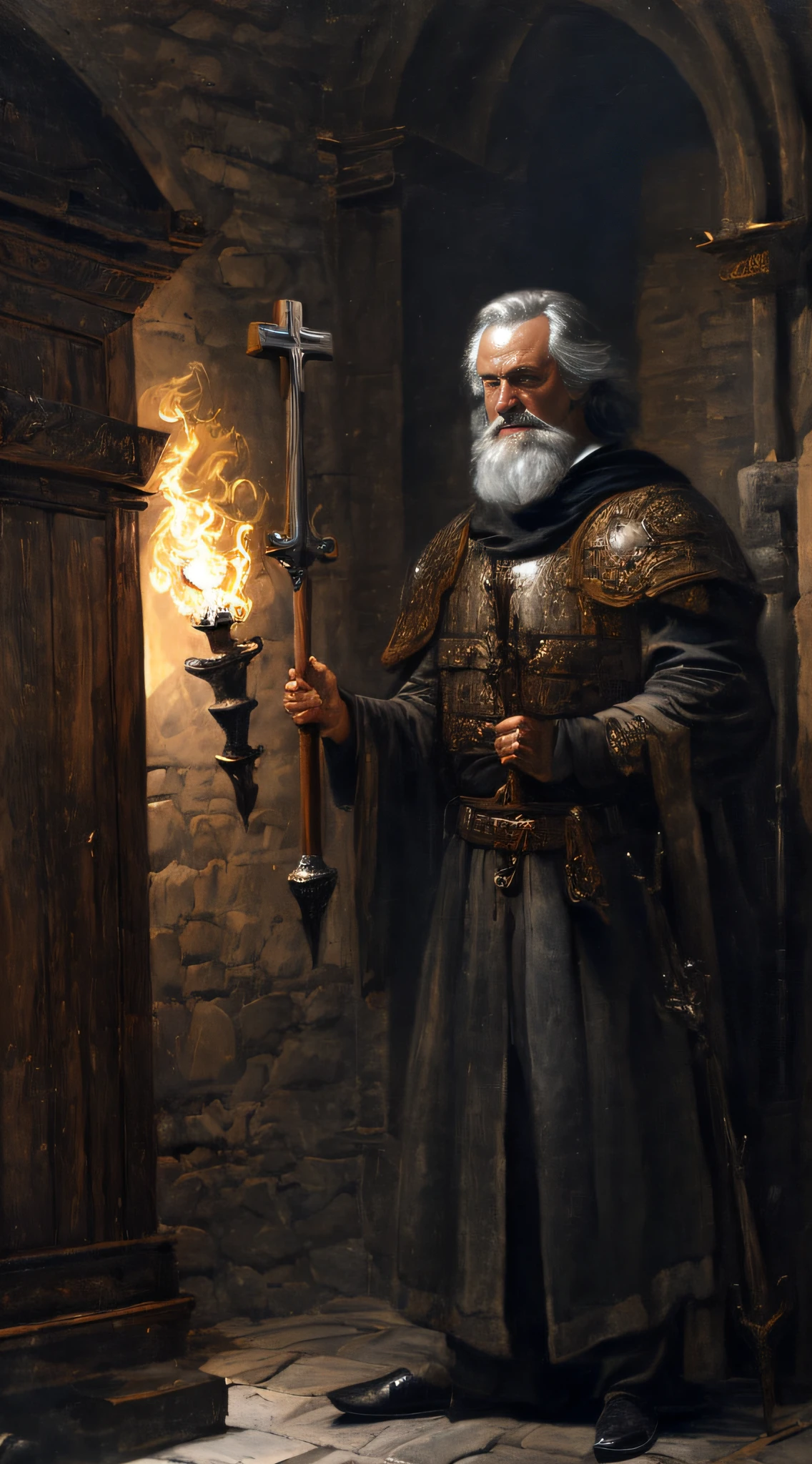 (masterpiece, UHD, oil painting, intricate:1.4), Heinrich Kramer, (sharp features:1.1), (stern grey eyes:1.2), black and white clerical attire, wooden cross, dark stone-walled Inquisition chamber background, large wooden door, iron implements, (torches casting dramatic shadows:1.2), (deep, muted colors:1.1), oppressive atmosphere, extreme close-up, looking away.