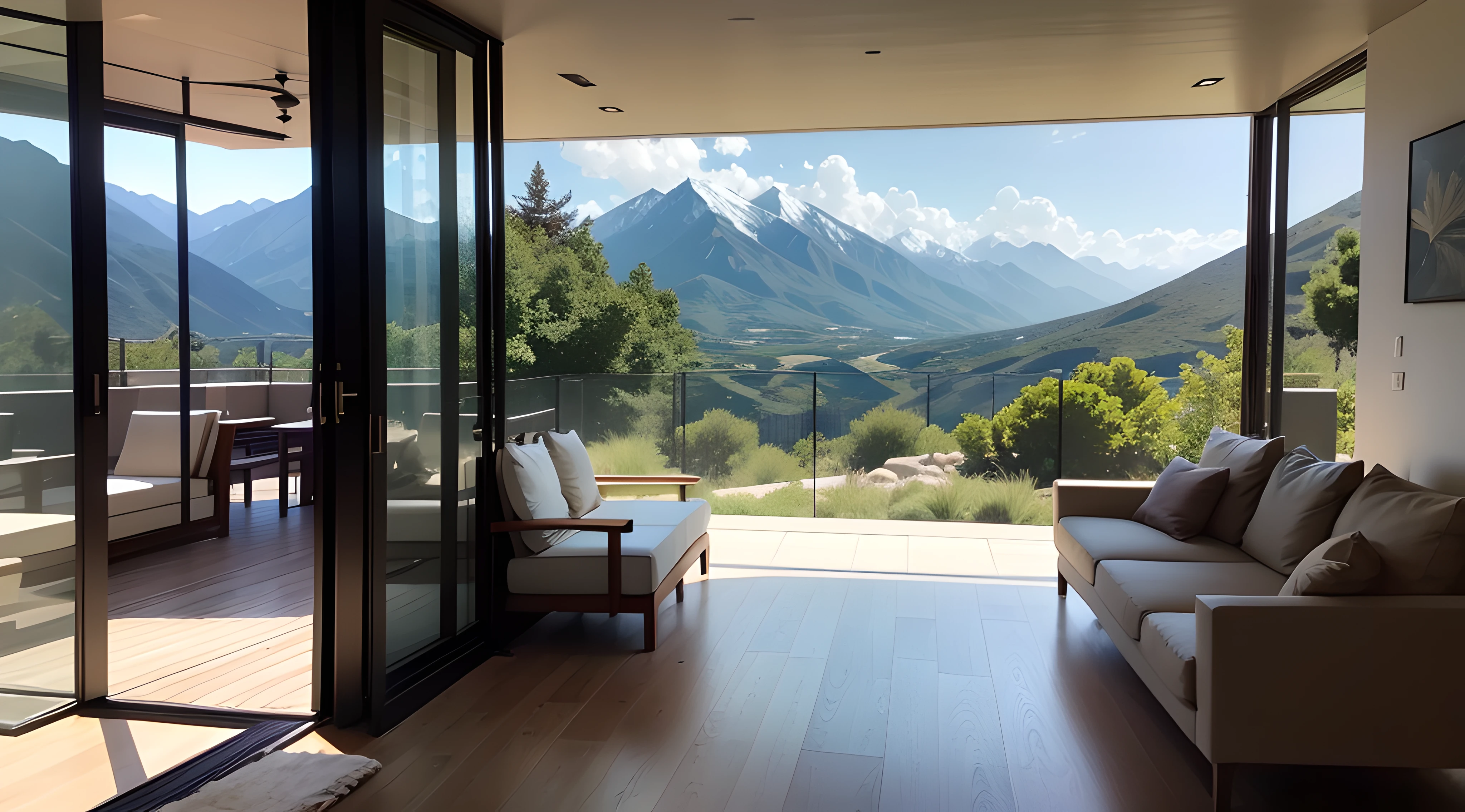 Modern exterior of a luxury villa in a minimal style. Glass house in the mountains. Magnificent mountain views from the veranda of a modern villa. Luxury glamping. digital --auto