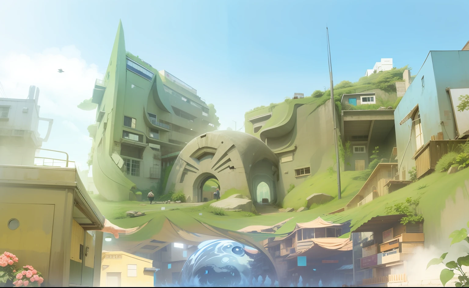 Float the cartoon image of the second picture into the first image,Pretend to be entering the building --auto