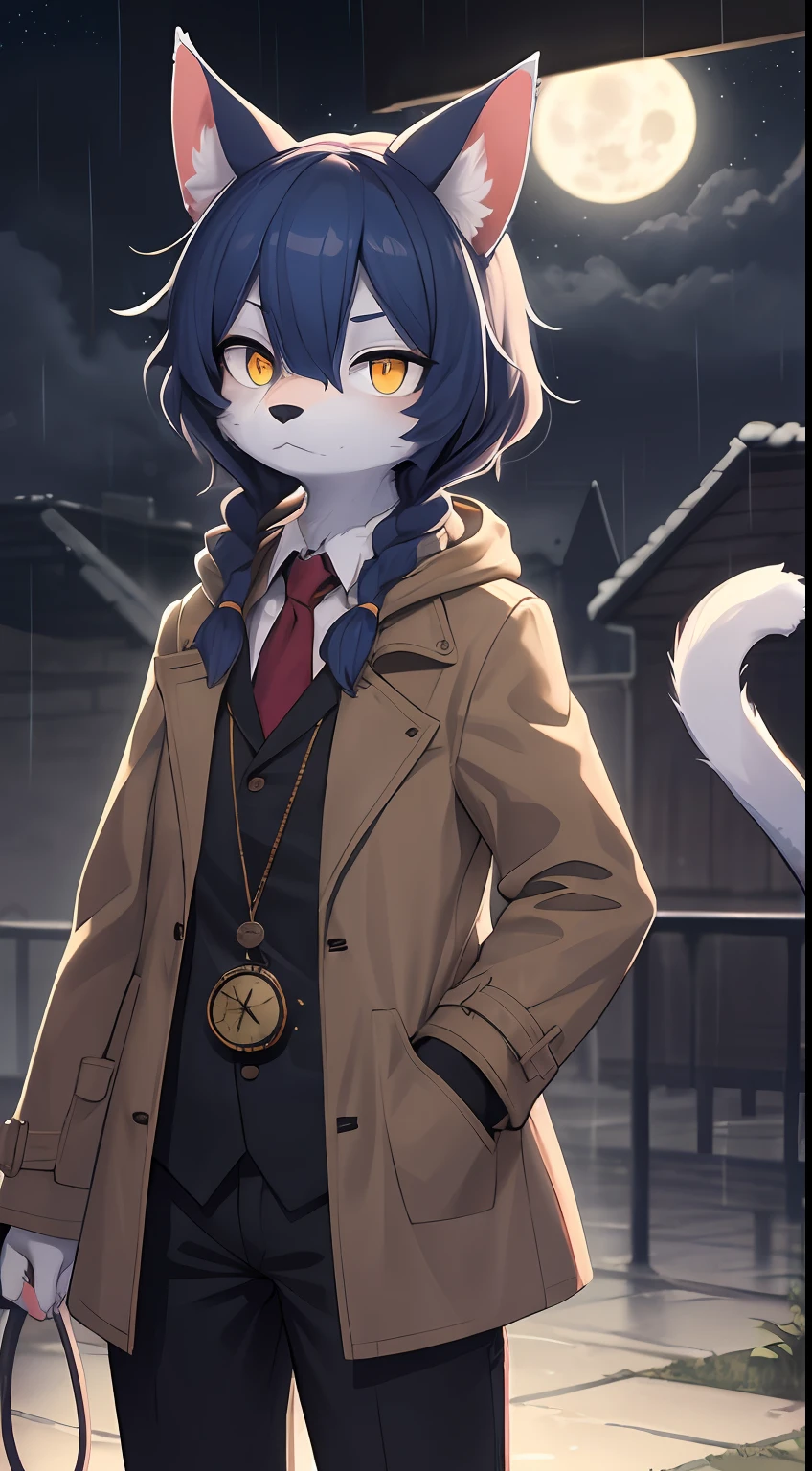 Cat boy，hairy pubic，shaggy，Skin fur，Smoothes lashes，Indigo fur，Forelimb hands，Short hair in men, Low twin braids' hair is scattered，solid circle eyes，Indigo ears，Indigo fur，Indigo facial fur，Short indigo hair，Hairline, Shiny hair, Wavy hair，Golden eyes，Super cute face，Cat tail，Fluffy tail，Furry tail， Expressionless，Glowing eyes，Pocket watch in hand，Brown cape，Brown trench coat，ambient lights，Ultra-fine fur，volumettic light，dashed eyes, bangs, Stargazing，lightand shade contrast, hyper HD, 巨作, High quality, High details, Under the rain，In the rain，Drizzle，Wet with rain，Wet hair，rainy outside，Best quality，Castle background，A sky full of stars，meteors，Night，full moon，Black trousers，Brown top