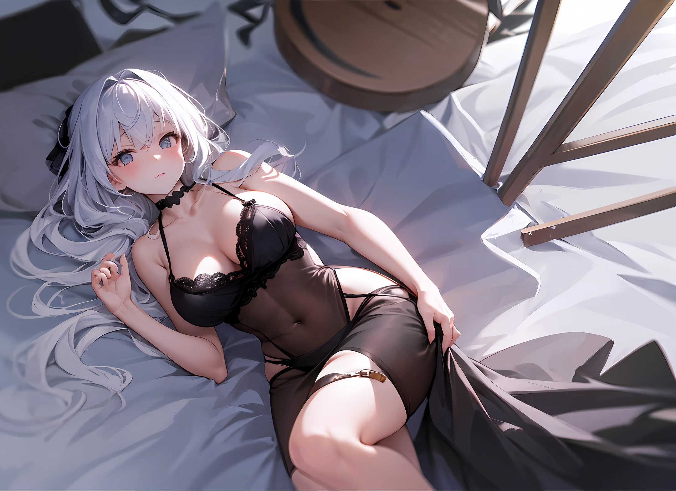 best qualtiy, tmasterpiece, 超高分辨率, (realisticlying:1.4), RAW photogr, 1girl, ((black lace nightgown)), ((extremely large bosom)), cold light