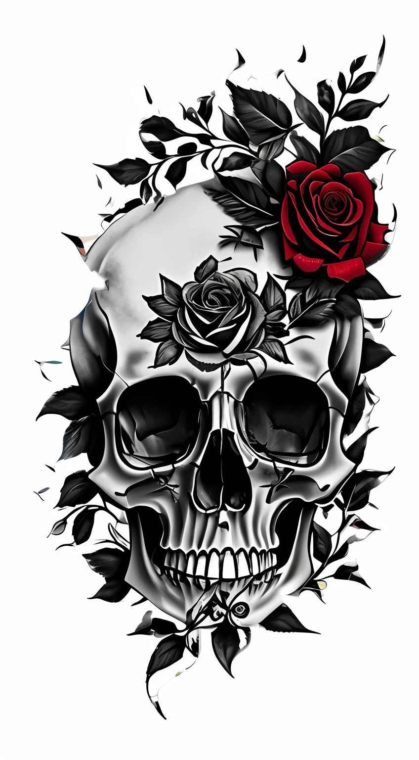 red rose，Surrounded by green leaves，In the middle is a skull，tattoo pattern，Don't touch boundaries，without background，hyper HD，Lots of detail --auto