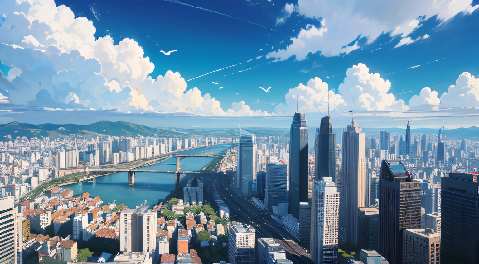 Bird's eye view of the city，with blue sky and white clouds --auto