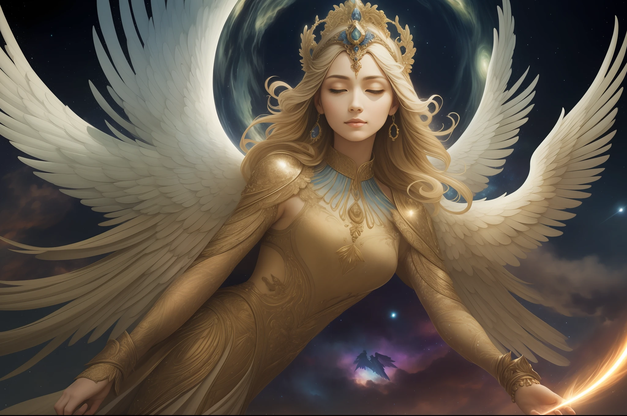 A photorealistic depiction of a celestial scene with numerous gods and angels soaring amidst the stars. The gods and angels should be portrayed with intricate details and realistic anatomy. They are shown in various poses, gracefully gliding through the cosmic expanse. The stars should be depicted in a realistic manner, illuminating the scene with their soft glow. The atmosphere should evoke a sense of wonder and awe. The lighting can be ethereal, with subtle highlights and shadows, creating a celestial ambiance. The resolution of the image should be high, allowing for fine details to be showcased, such as the intricate features of the gods and angels and the sparkling beauty of the stars.