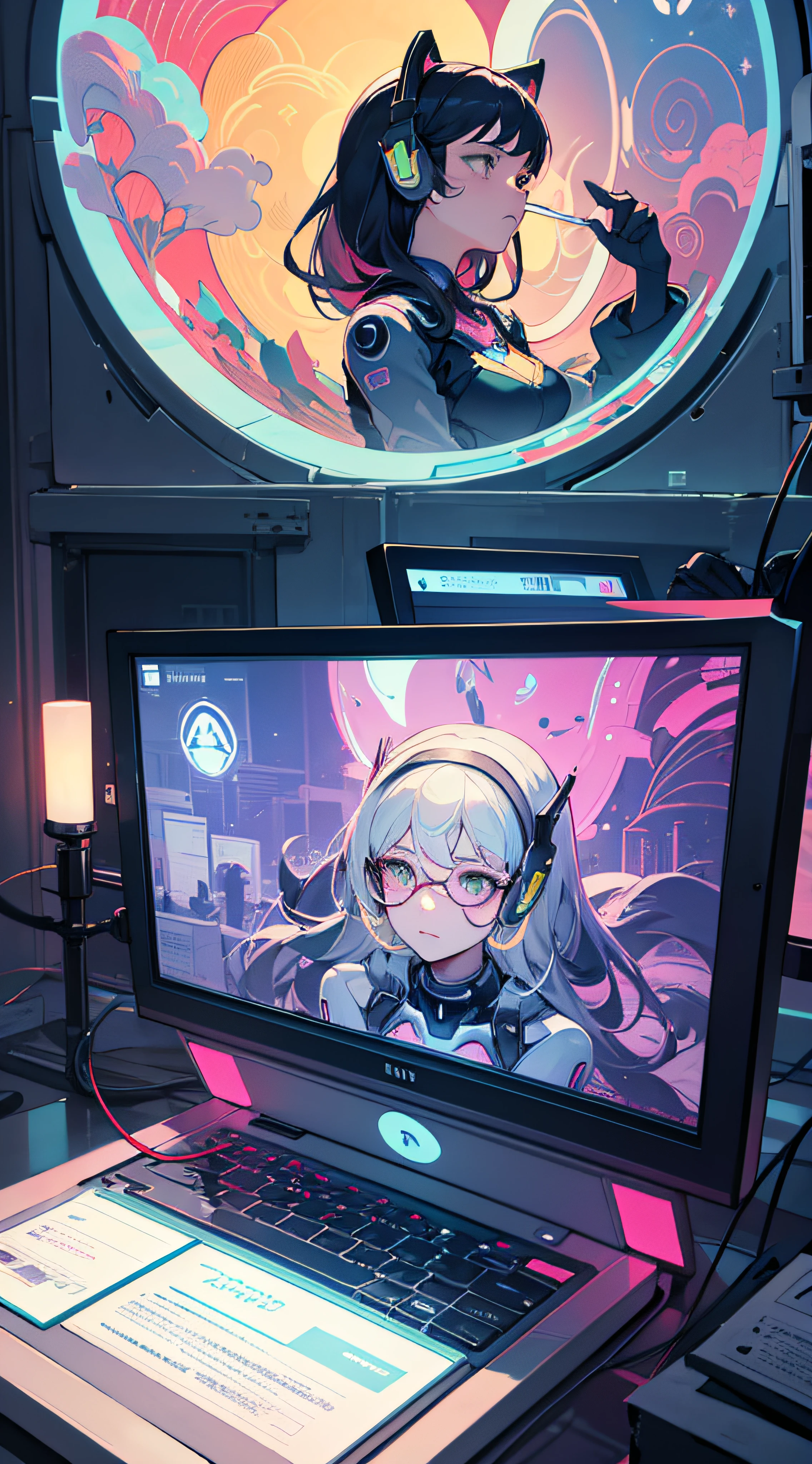 （（tmasterpiece））， （（ultra - detailed））， （（best qualtiy））， 美丽细致的眼睛， Detailed face， The best lighting， The best shades， 1 rapariga，D.va，Overwatch，closeup cleavage，独奏， （（cyber punk style， edge lit， machine arm，Hologram aura，Surreal Science Fiction Art，Future Science Fiction Aesthetics，Flat 2D style））， （（The main colors are purple and green））， Large disc， （Girl inside the screen：1.5），Mobile Paradise，Orange bulb，A world made up of mobile phones，Gamepad，laptop，VR glasses，Virtual screen， freckle， Cold nose， （（（Buble）））， illustration，japanese inspired， （highly  detailed）， Whirlpool effect，