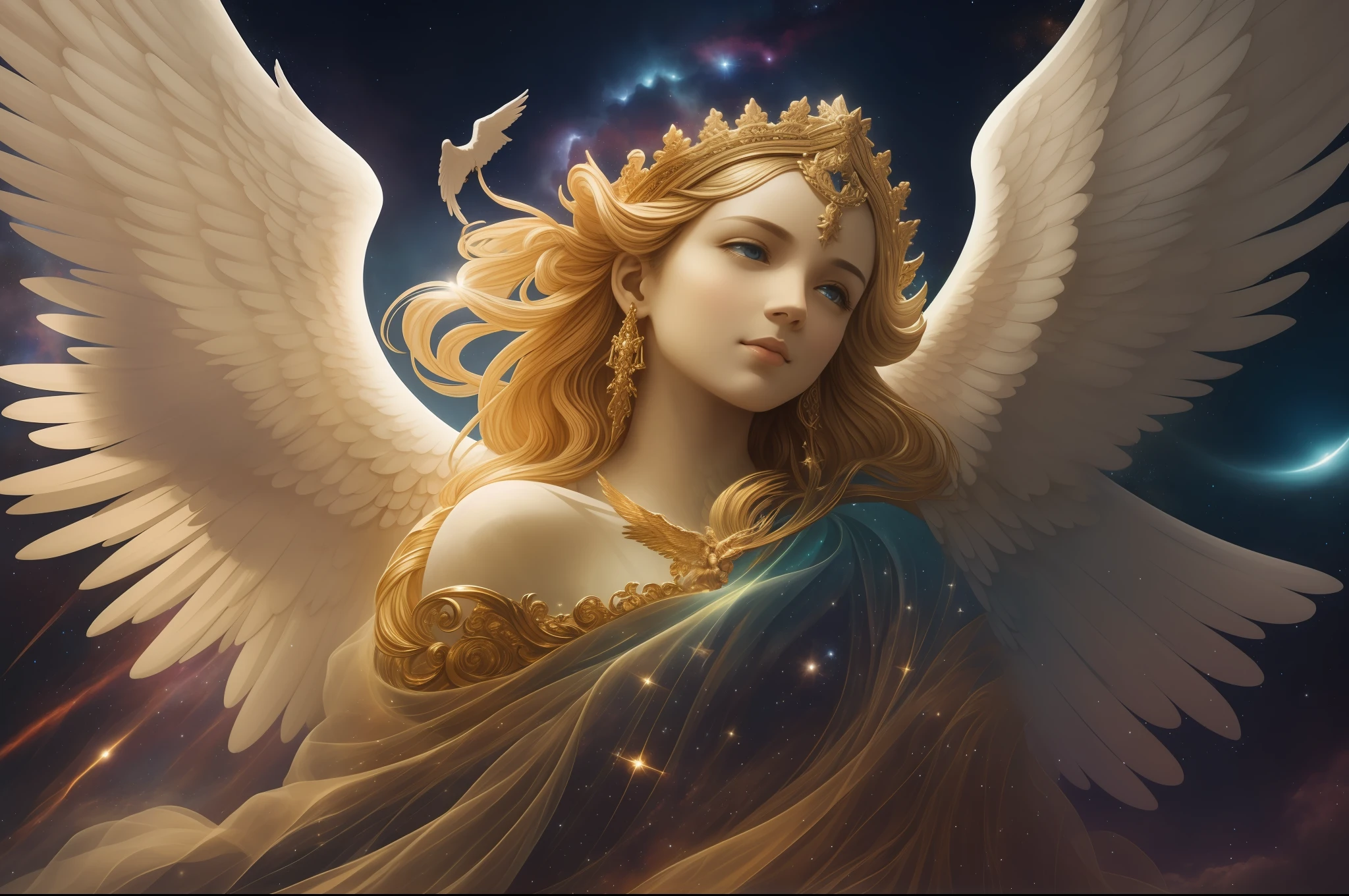 A photorealistic depiction of a celestial scene with numerous gods and angels soaring amidst the stars. The gods and angels should be portrayed with intricate details and realistic anatomy. They are shown in various poses, gracefully gliding through the cosmic expanse. The stars should be depicted in a realistic manner, illuminating the scene with their soft glow. The atmosphere should evoke a sense of wonder and awe. The lighting can be ethereal, with subtle highlights and shadows, creating a celestial ambiance. The resolution of the image should be high, allowing for fine details to be showcased, such as the intricate features of the gods and angels and the sparkling beauty of the stars.