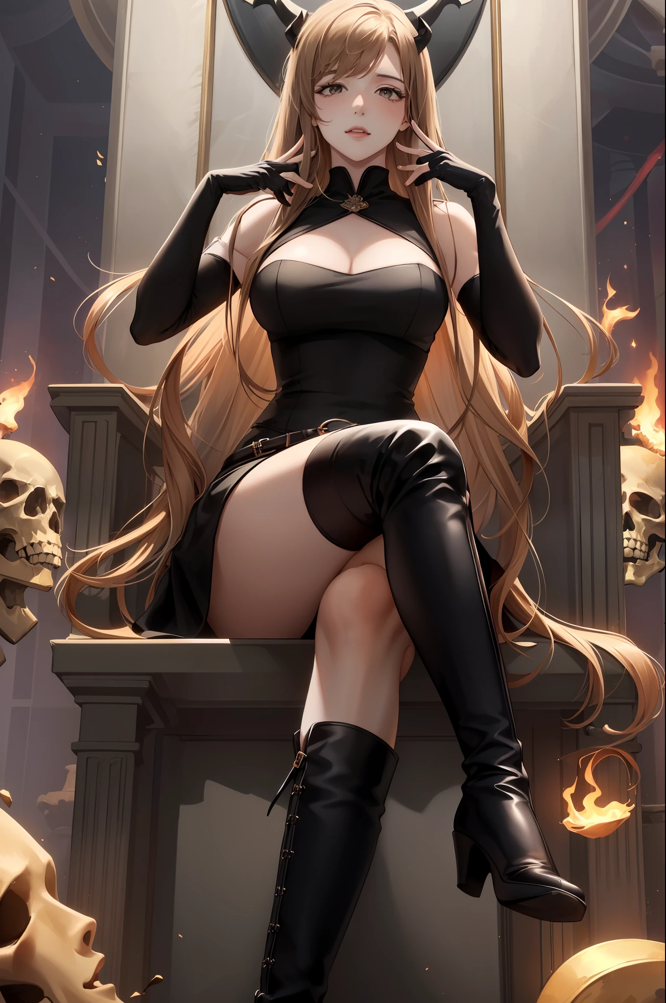 (Masterpiece:1.4), (best quality:1.2), yoo sangah, 1girl, black dress, sleeveless, sitting, crossed legs, from below, throne, hell, demon, pile of skulls, ( black knee-high boots:1.2), (black elbow gloves:1.1)