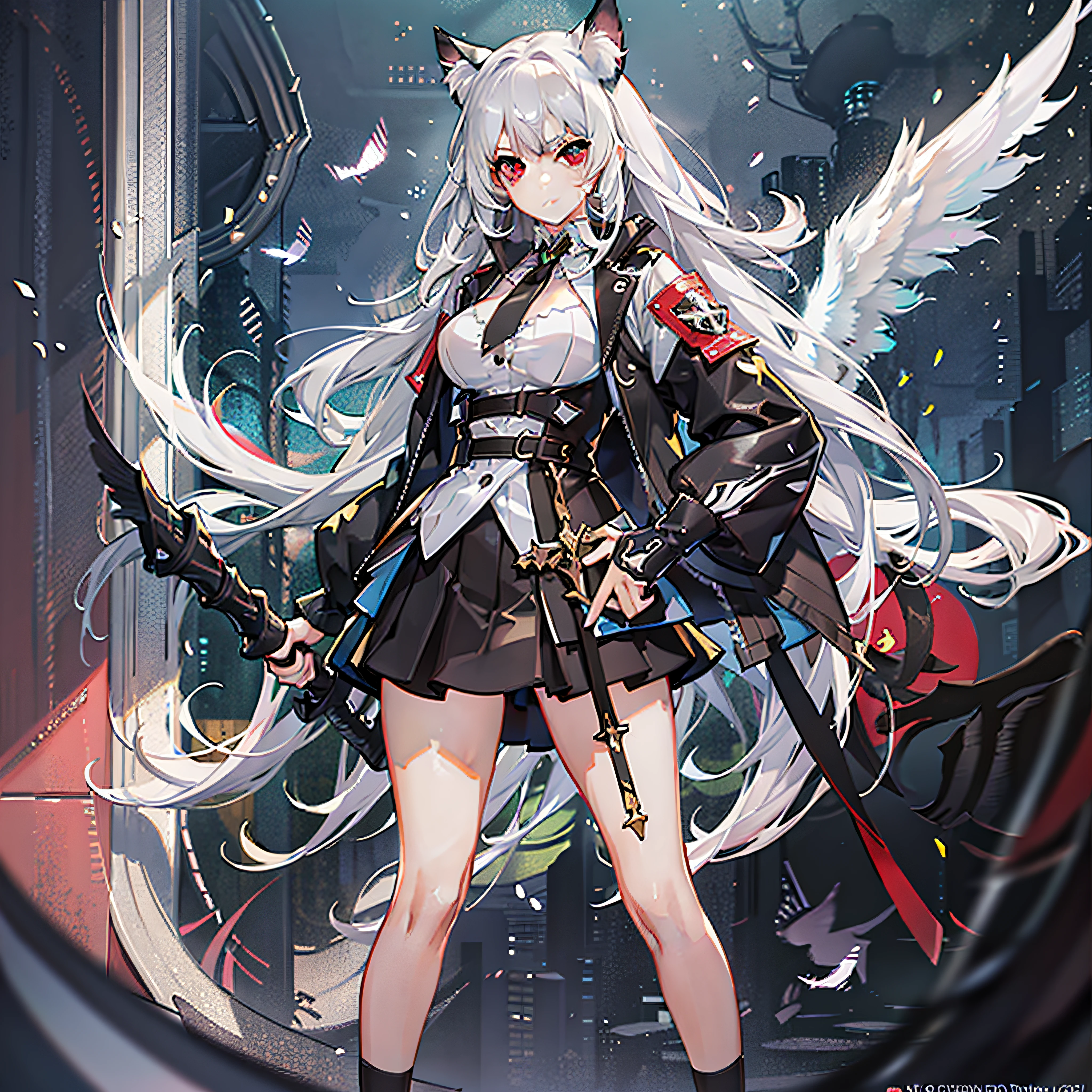 whaite hair, long whitr hair, Red eyes, angelicales, s girl, cat ear, (Long-handled weapon:1.5), Black jacket with blue shirt, short skirt, White sneakers, white short socks,( Black wings:1.8), crosses, Compassionate people Ultra HD, retinas, Masterpiece, ccurate, Textured skin, Anatomically correct, Super detail, Award-Awarded, Best quality, High details, High quality, A high resolution, 8K,Masterpiece,Best quality,illustration,Extremely detailed CG unifies 8K, 8K, Diamond, and wallpaper,created by famous artists,large-scale masterpiece Digital art,Detailed manga illustrations,Ultra-detailed,finely detailed,A high resolution,stunning art,intricately details,Beautifully painted,1girll,Solo,Full body like,standing on your feet
