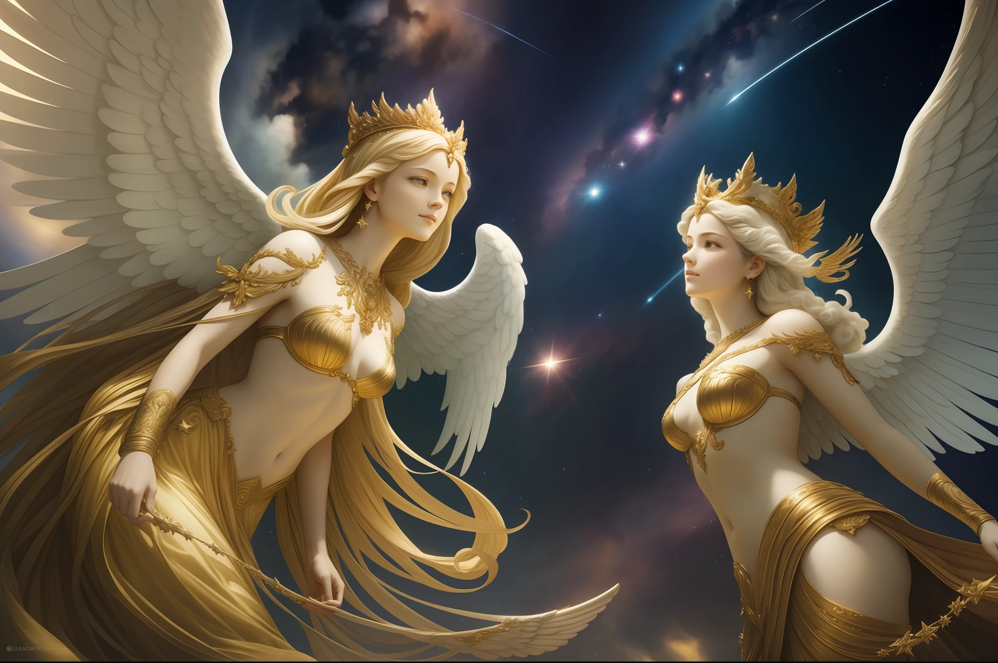 A photorealistic depiction of a celestial scene with numerous gods and angels soaring amidst the stars. The gods and angels should be portrayed with intricate details and realistic anatomy. They are shown in various poses, gracefully gliding through the cosmic expanse. The stars should be depicted in a realistic manner, illuminating the scene with their soft glow. The atmosphere should evoke a sense of wonder and awe. The lighting can be ethereal, with subtle highlights and shadows, creating a celestial ambiance. The resolution of the image should be high, allowing for fine details to be showcased, such as the intricate features of the gods and angels and the sparkling beauty of the stars.