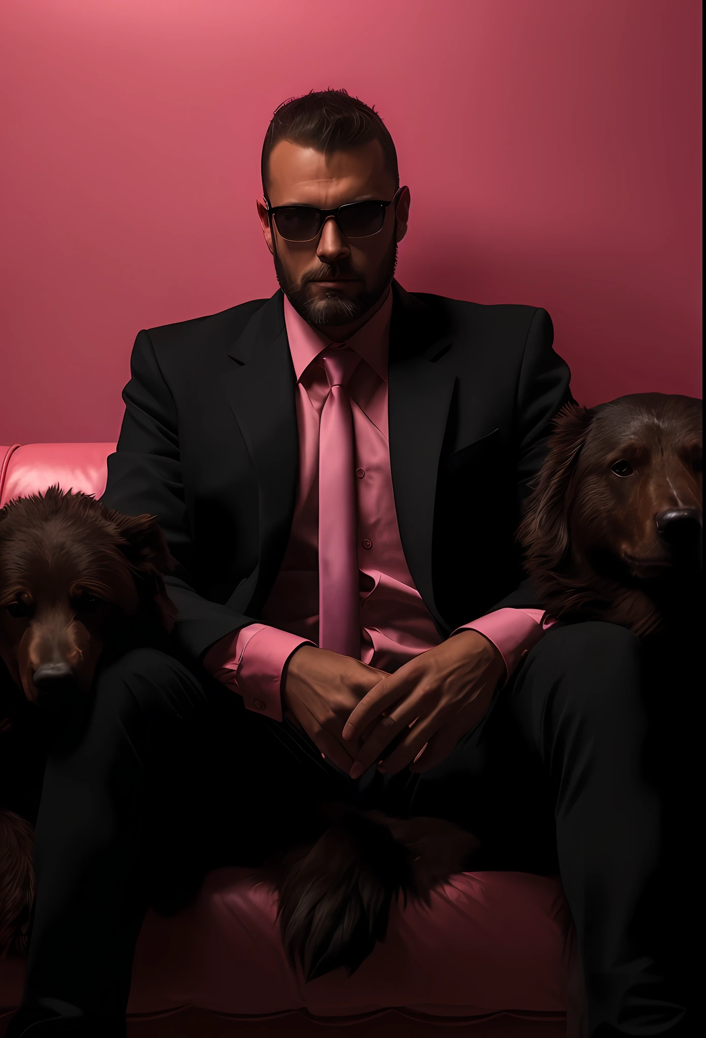 man sitting on a pink couch with two dogs and a pink wall, portrait of a pink gang, wearing a pink tux, man bear pig, in suit with black glasses, portrait shot, serious business, dressed in expensive clothes, epic and classy portrait, half man half bear half pig, neo - noir style, corporate boss, neo noir style, wearing a suit and glasses --auto