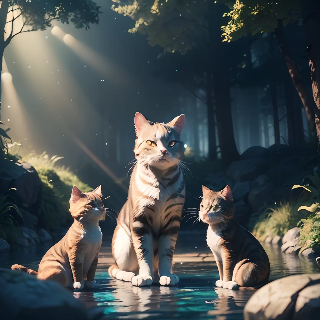 Masterpiece, best quality, (highly detailed CG unity 8k wallpaper), (best quality), (best illustration), (best shadows), glow sprites with glowing cats, drinking water in a swimming pool, forest with natural elements theme. Mysterious forest, beautiful forest, nature, surrounded by flowers, exquisite leaves and branches surrounded by fireflies (natural elements), (jungle theme), (leaves), (twigs), (fireflies), (particle effects) etc. 3D , Octane Rendering, Ray Tracing, Hyper Detailed, Cats -- v6 --auto