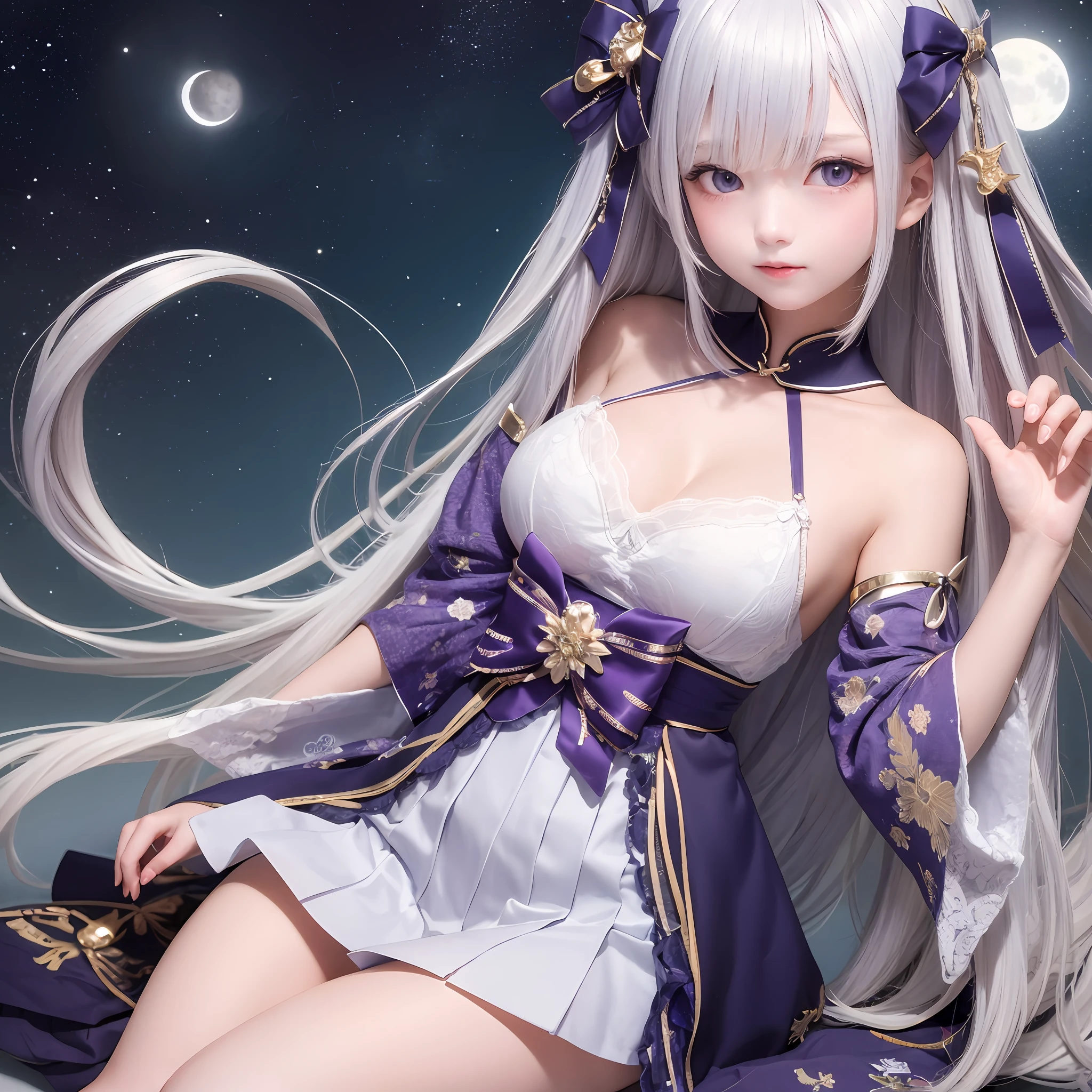 The upper part of the body、女の子1人、Silvery hair、Straight long hair、Large breasts、mansion、Purple Eye、Idol Uniform、bow ribbon、garterbelts、magical little girl、 Japan anime-style odd-eye、 I see the moon