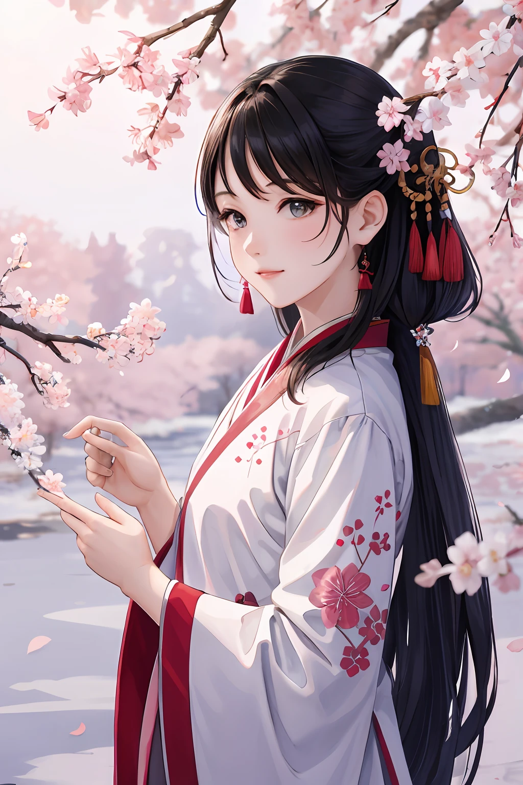 tmasterpiece，best qualtiy，Branch，cherry_blossoms，depth of fields，hanami，pink_flower，spring_\（season\），motion_blur，wisteria，The tree，photo_\（medium\），petals，florals，plum_blossoms，1girl，独奏，Realistis，exteriors，falling_petals ,1sticker，Handbook，（a sticker，1girll，Chinese Hanfu，embroidery，hairpin，Red plum，White snow，pavilion）， aquarelle，rainbow background， simple backgound， dk， adolable， Small， pastel colour， vectorstyle， no gradien，