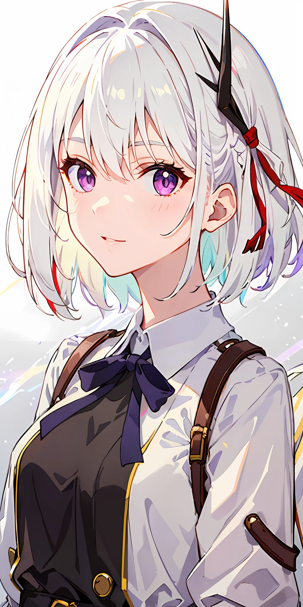 1girl, white hair, multicolored hair, purple eyes, mask on head, sidelighting, light particles, wallpaper,