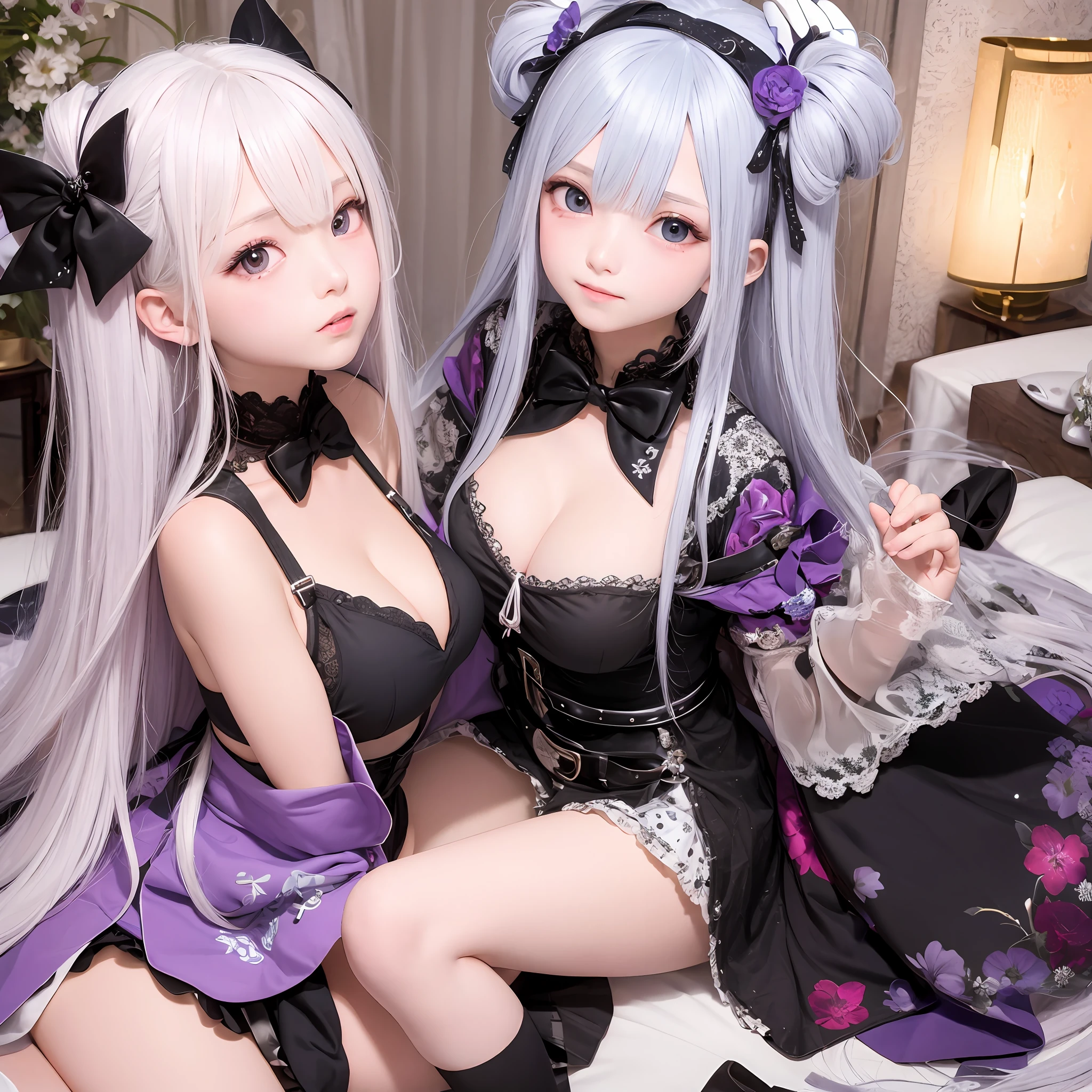 The upper part of the body、女の子1人、Silvery hair、Straight long hair、Large breasts、mansion、Purple Eye、Idol Uniform、bow ribbon、garterbelts、magical little girl、 Japan anime-style odd-eye、 I see the moon