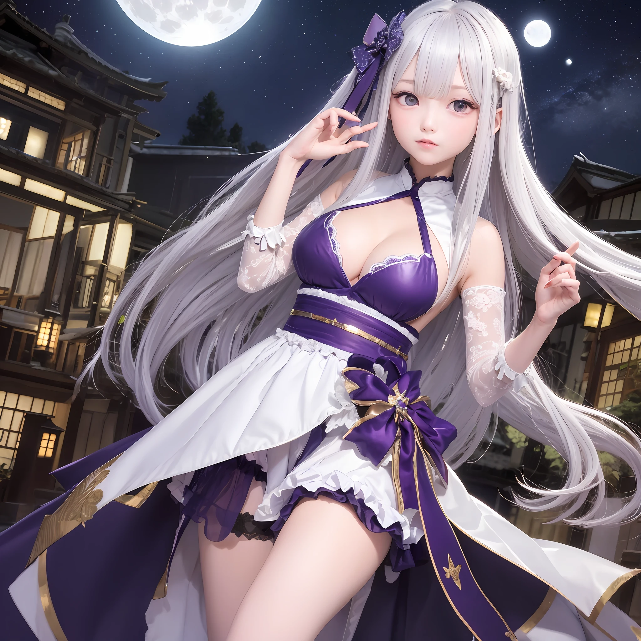 The upper part of the body、女の子1人、Silvery hair、Straight long hair、Large breasts、mansion、Purple Eye、Idol Uniform、bow ribbon、garterbelts、magical little girl、 Japan anime-style odd-eye、 I see the moon