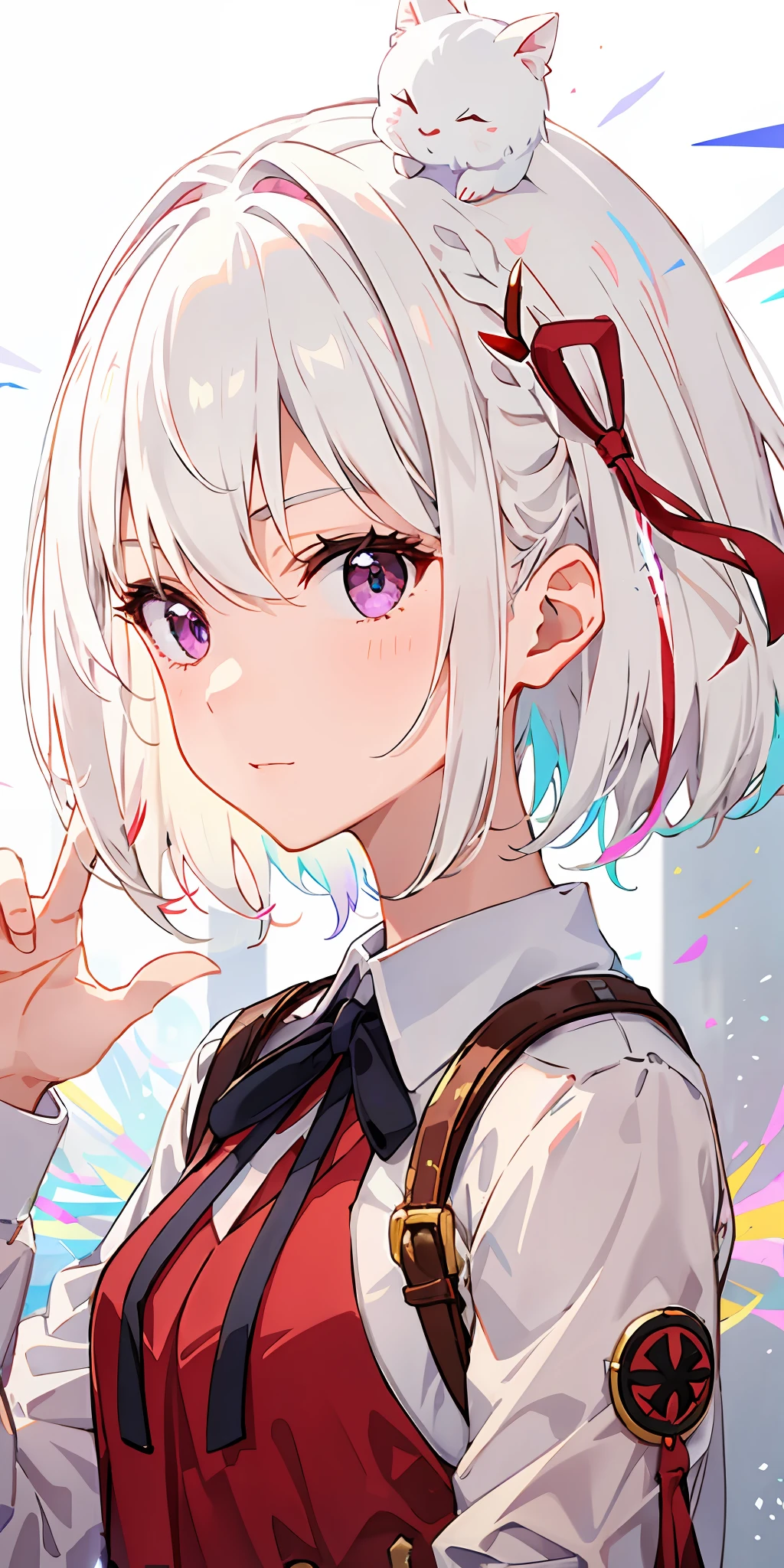 1girl, white hair, multicolored hair, purple eyes, mask on head, sidelighting, light particles, wallpaper,
