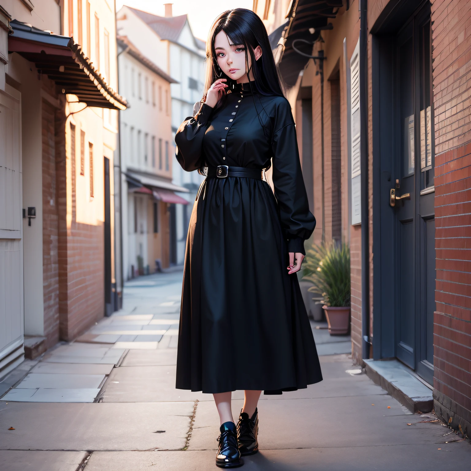 Mature women Pure Youth Lively Full body photo Ultra HD masterpiece 4K high-quality anime style Beauty tips Long black hair Three or seven o'clock No bangs Hair covering one eye Mole under the eye Watery eyes Big black dress to knees Black long sleeves Whiteboard shoes Clear pores and skin wrinkles Outdoor sunlight Blue sky grass No buildings No hat Look at the camera --auto