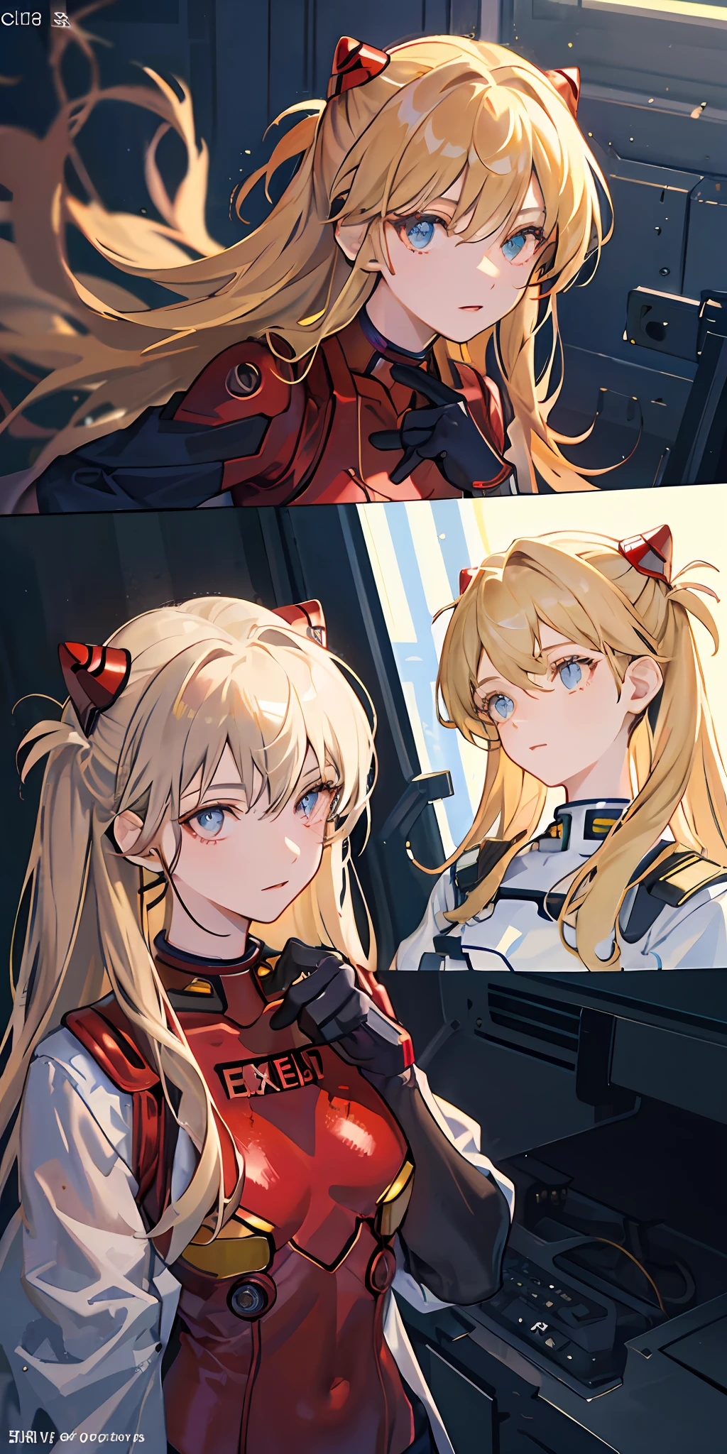 (Overhead view),dynamic angle,ultra-detailed, illustration, close-up, straight on, 1girl, 
 ((souryuu asuka langley, interface headset, red bodysuit:1.4, blonde)),Her eyes shone like dreamy stars,(glowing eyes:1.233),(beautiful and detailed eyes:1.1),(expressionless,closed mouth),(standing), 
(mechanic room with toolsand spaceship windowin a white SPACESHIP),
(night:1.2),dreamy, [[delicate fingers and hands:0.55]::0.85],(detail fingers),