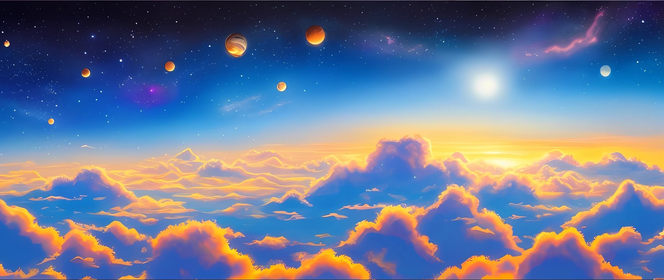 (Best quality),(masterpiece),(ultra detailed),(high detailed),(extremely detailed),Subject: Anime Sky Dreamscapes
Medium: Digital illustration or traditional painting.
Resolution: 4000x2000 pixels.
Color Palette: Soft pastel colors with a mix of vibrant hues.
Mood: Magical, ethereal, and serene.
Composition: Expansive skies with floating islands, whimsical clouds, and other dreamlike elements.
Lighting: Soft, diffused lighting with a warm, golden glow.
Style: Anime-inspired with a touch of fantasy and surrealism.
Details: Include elements such as shooting stars, colorful nebulae, fluffy clouds, and mystical creatures.
Inspiration: Anime fantasy worlds, Studio Ghibli films, surreal art, and celestial imagery.
Camera Setup: None (since it's a digital illustration).
Additional Notes: Emphasize the vastness and beauty of the sky by creating a sense of depth and space. Experiment with various cloud formations and shapes, ranging from fluffy cumulus clouds to wispy cirrus clouds. Incorporate celestial elements like moons, stars, and galaxies to enhance the dreamy atmosphere. Use soft brush strokes and blending techniques to create a seamless and ethereal look. Play with lighting effects, such as gentle rays of sunlight or glowing orbs, to add a magical touch. Consider adding whimsical creatures like flying dragons or floating jellyfish to bring a sense of wonder to the scene. Don't be afraid to let your imagination soar and create a dreamlike world that captures the essence of anime fantasy.