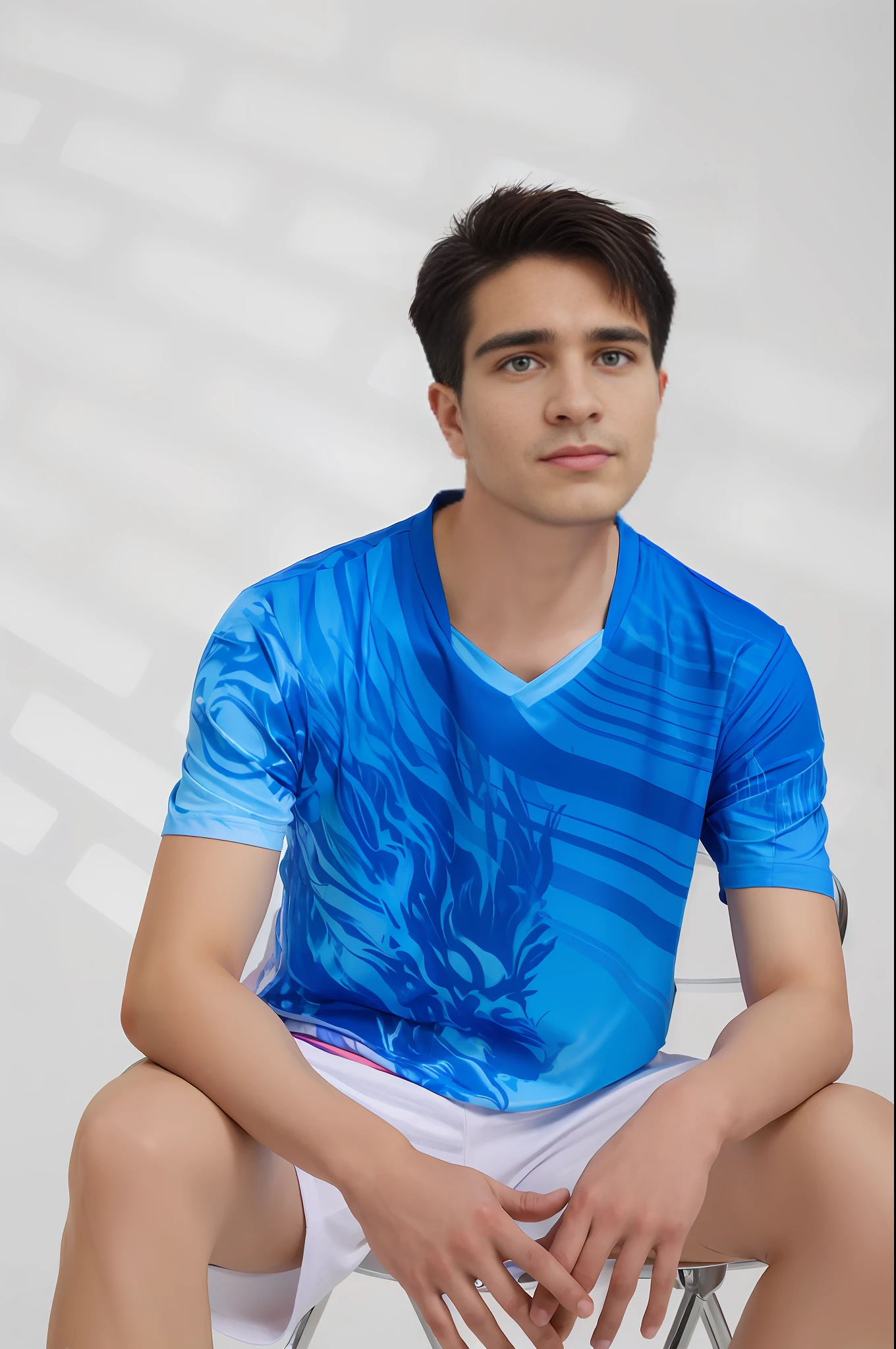 Alafed male tennis player sitting in a chair with a racket, jinyiwei, wearing a volleyball jersey, nanquan, pan ren wei, yanjun cheng, wenjun lin, Inspired by Xiao Yuncong, inspired by Wen Zhengming, yihao ren, inspired by Dai Jin, inspired by Li Shixing, inspired by Fan Qi