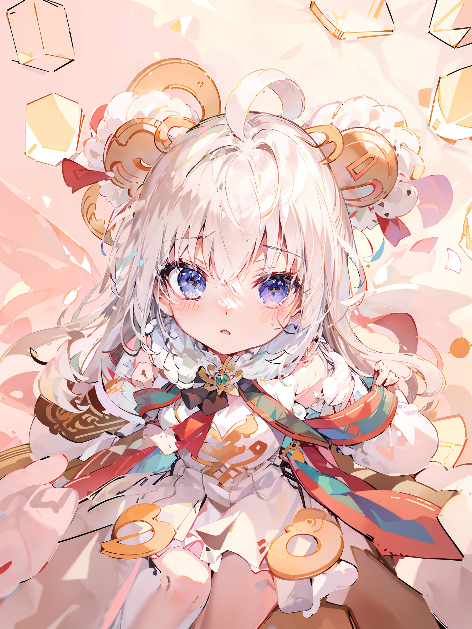 Anime - Style drawing of a girl with a red knot on her ears, small curvaceous loli, Soft anime illustration, Splash art anime Loli, Loli, Gray hair, lovely art style, offcial art, small loli girl, Anime moe art style, Ribbons, zerochan art, and the sun was shining brightly，Light and shadow in detail，Round and large furry ears，One small foot wears white socks，There is a fluffy squirrel tail，There are two long braids，The upper part of the body，Long flowing hair，Slim jade hands，Ambilight