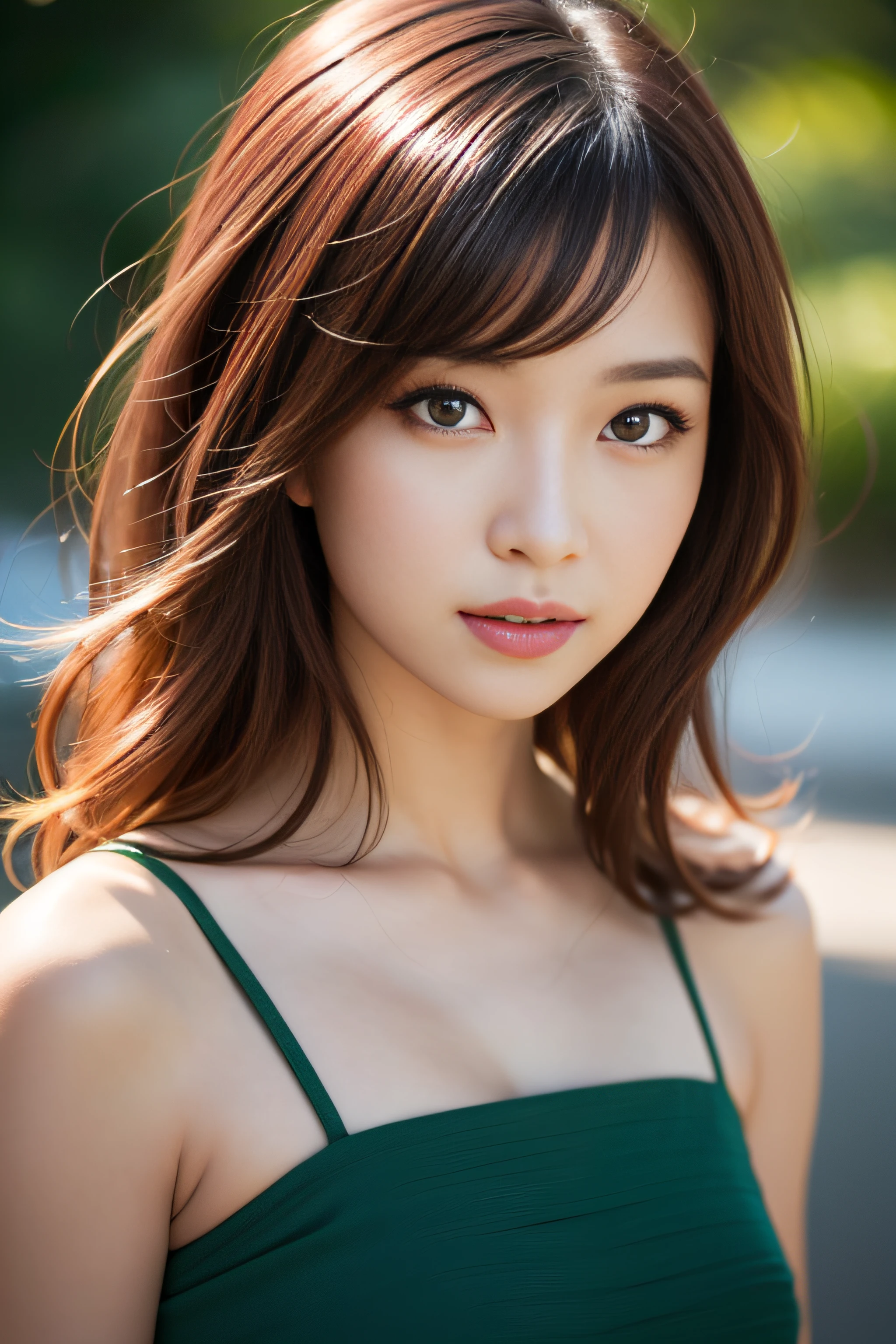 photo of a gorgeous young girl with red hair in a flattering green dress,  in the style of stefan kostic, realistic, sharp focus, 8k high definition, insanely detailed, intricate, elegant, art by stanley lau and artgerm